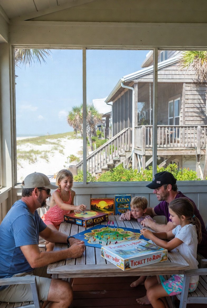 A family of five playing a board game called 'Ticket to Ride' at a wooden table on a screened porch, with a beach and palm trees visible outside.