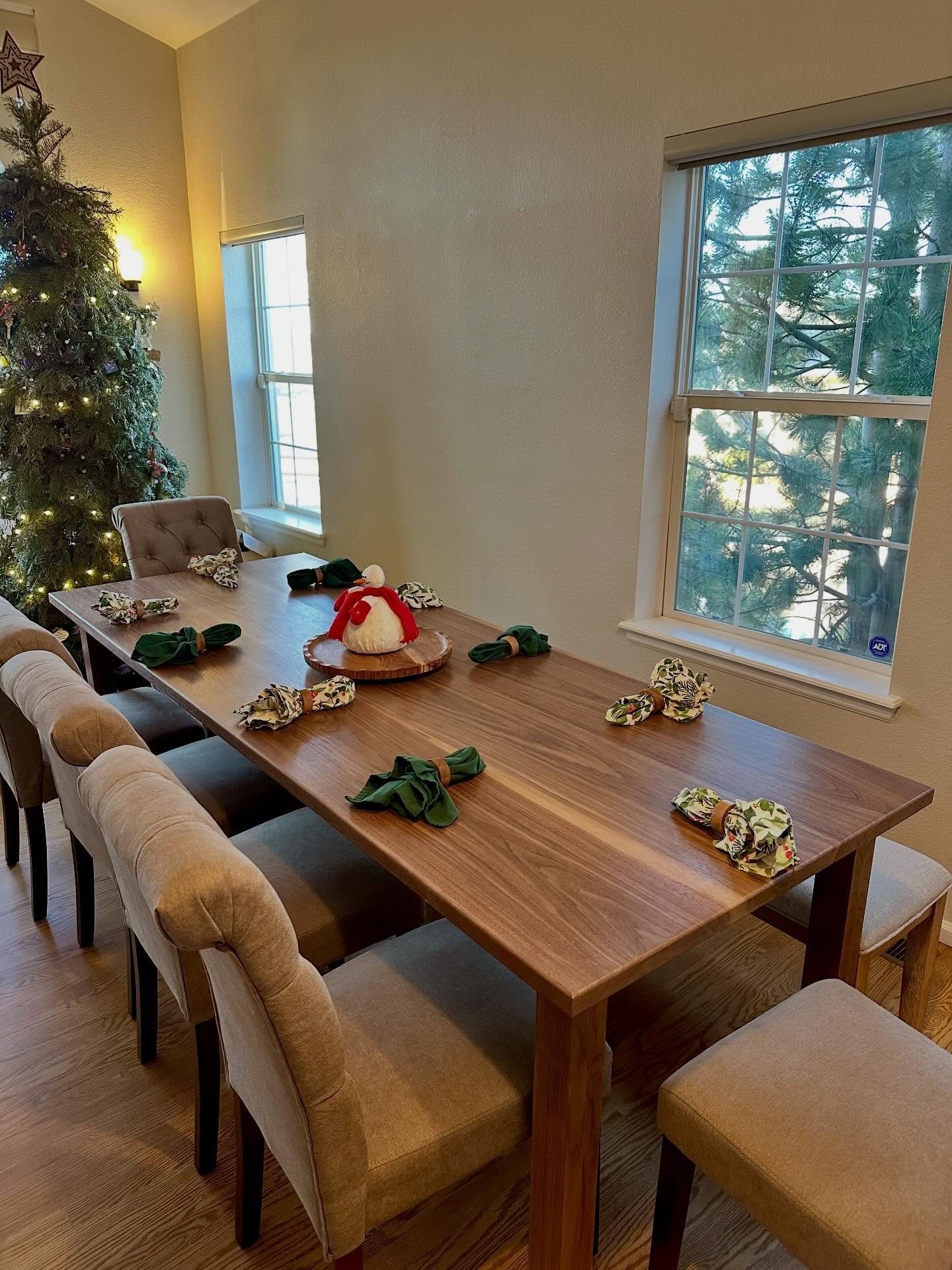 Before the holiday a family asked me to build a large dining room table for their first Xmas in their new home. We decided to go with solid walnut. And might I say, terrific choice. They needed something beautiful but durable. Delivered this a week b