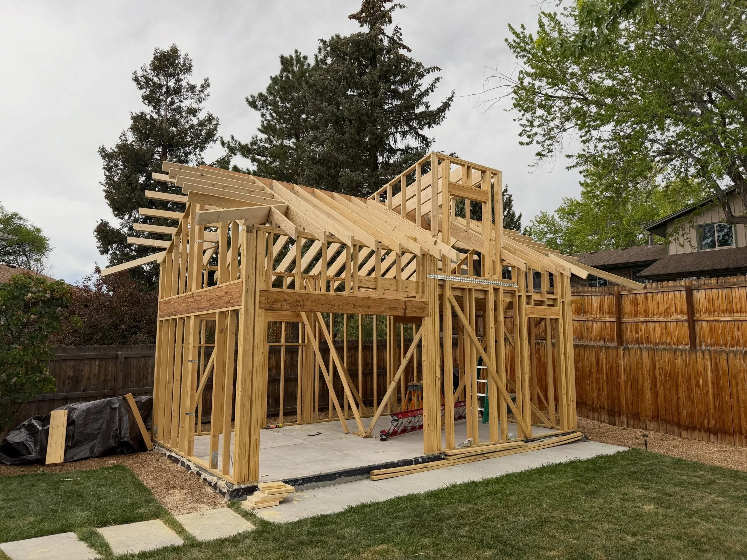 Here&rsquo;s the progress! It&rsquo;s all framed up and ready for sheathing&hellip;once this rainy weather leaves us anyways. We&rsquo;ll be using @huberwood Zip System Insulated R-Sheathing for the walls, and regular sheathing for the roof. Once don