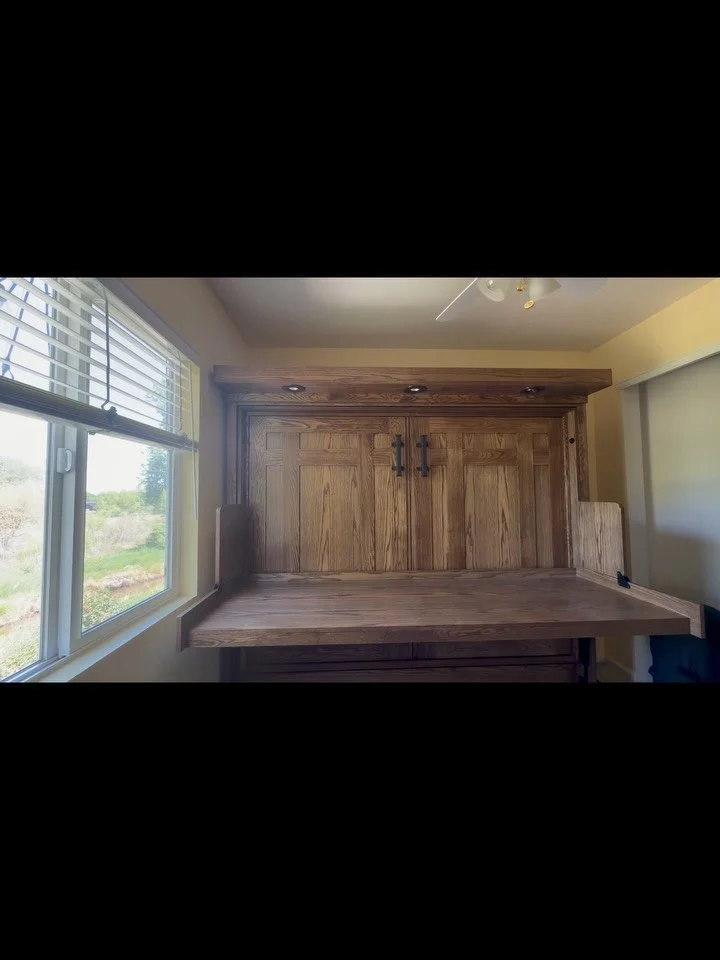 Well wouldja look at that Murphy Bed! Or is it a desk?! It&rsquo;s both!! White oak stained in a dark espresso, gives it a bit of a cathedral look, while designed with a craftsman flair. Kind of want one in my house now. 

#shoplocal #woodworking #mu