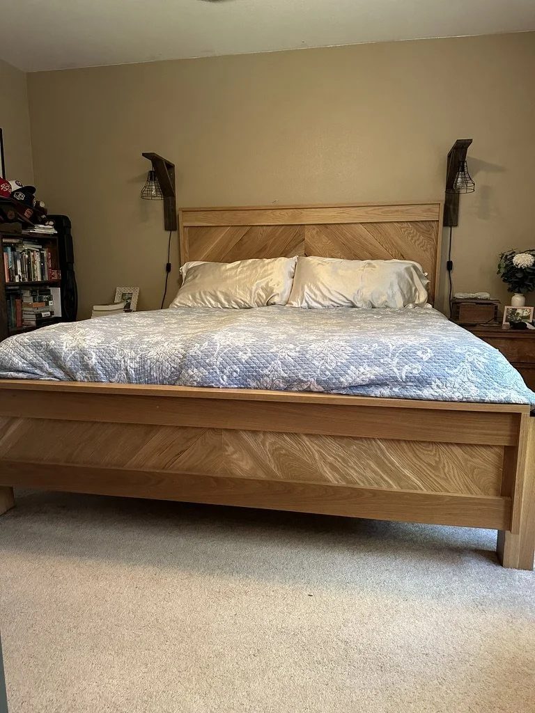 Solid Wood Bed Frame with Herringbone Panel Detail