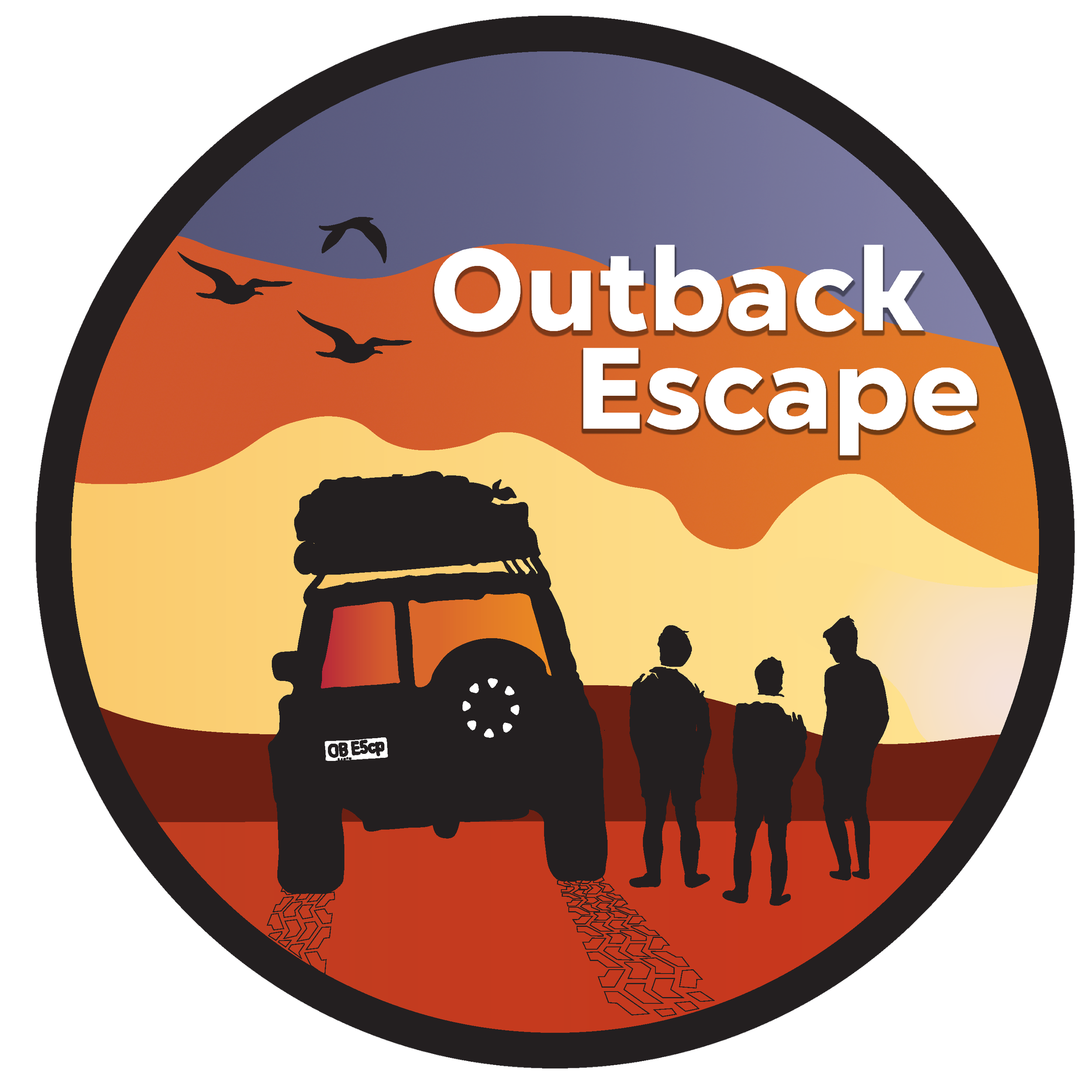 A logo for Outback Escape featuring a stylized illustration of a vehicle with a roof rack, three people standing nearby, and a scenic background with hills, birds flying, and a sunset sky in shades of purple, orange, and yellow.