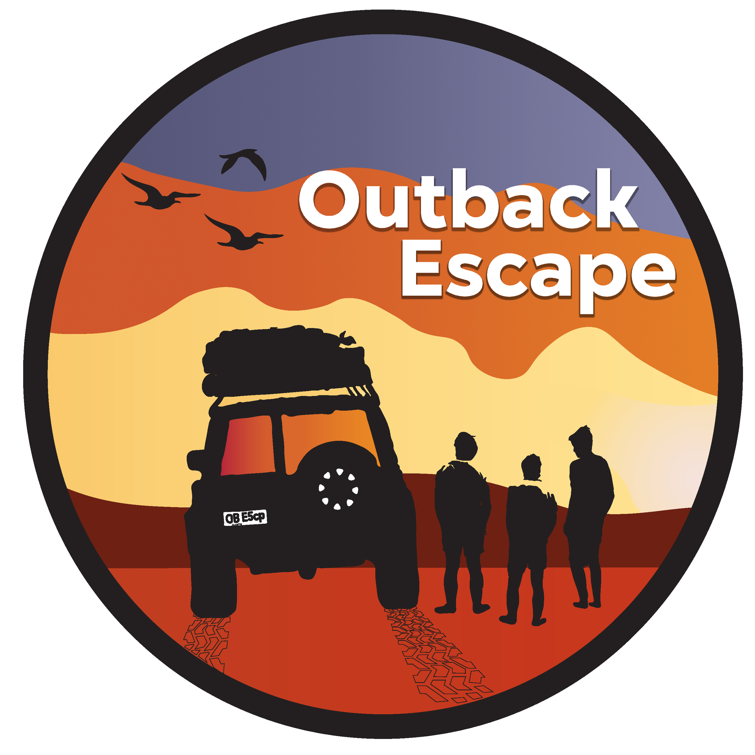 A circular logo featuring a desert landscape with a sunset, three silhouetted people, a vehicle with a roof rack, and flying birds. The text reads "Outback Escape."