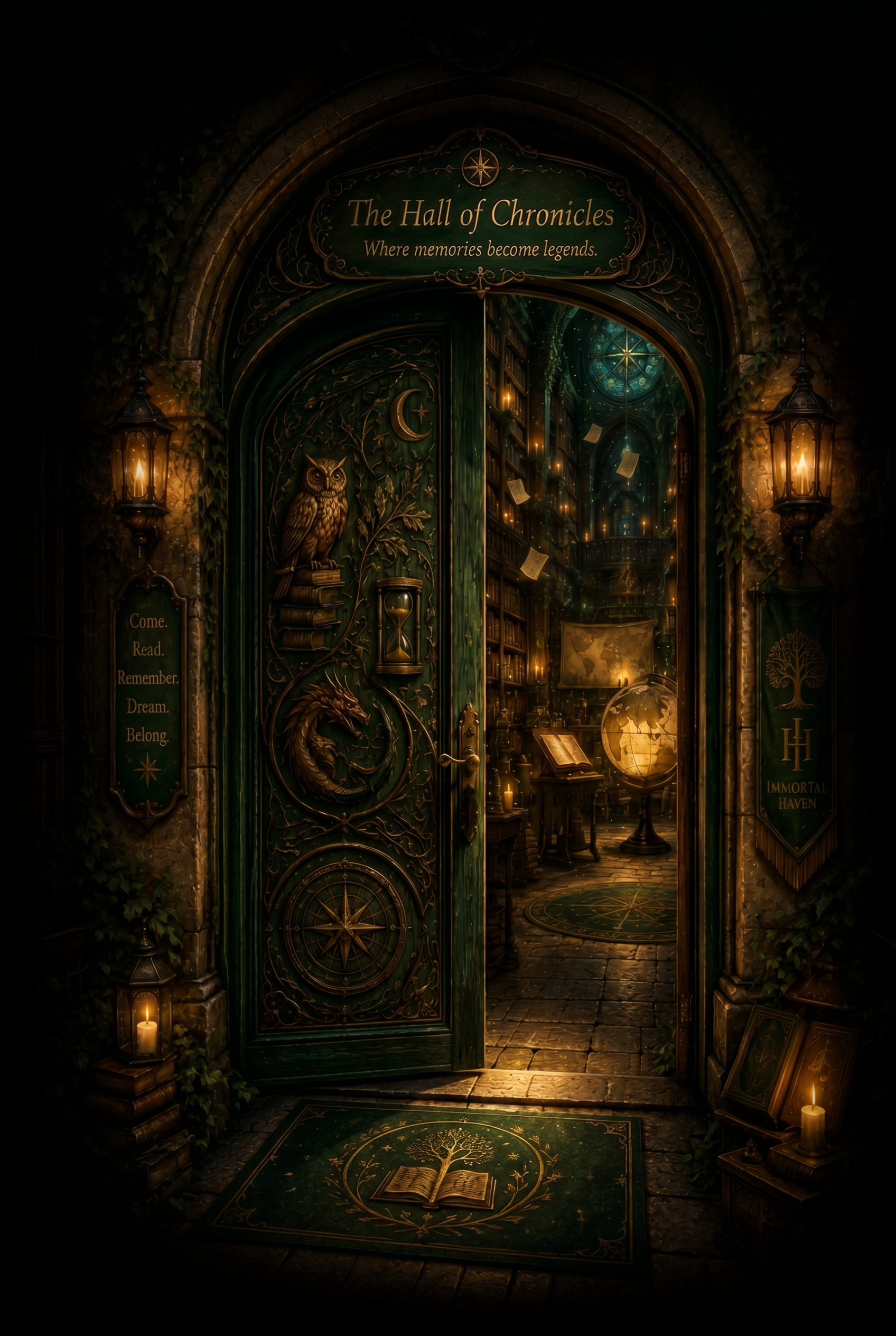 An enchanted library entrance with an ornate green door decorated with an owl, a dragon, a crescent moon, and an hourglass. Above the door, a sign reads 'The Hall of Chronicles' with the tagline 'Where memories become legends.' Inside, bookshelves extend into the distance, glowing with warm light, with floating books and starry decorations. Candles and lanterns illuminate the scene, creating a magical atmosphere.
