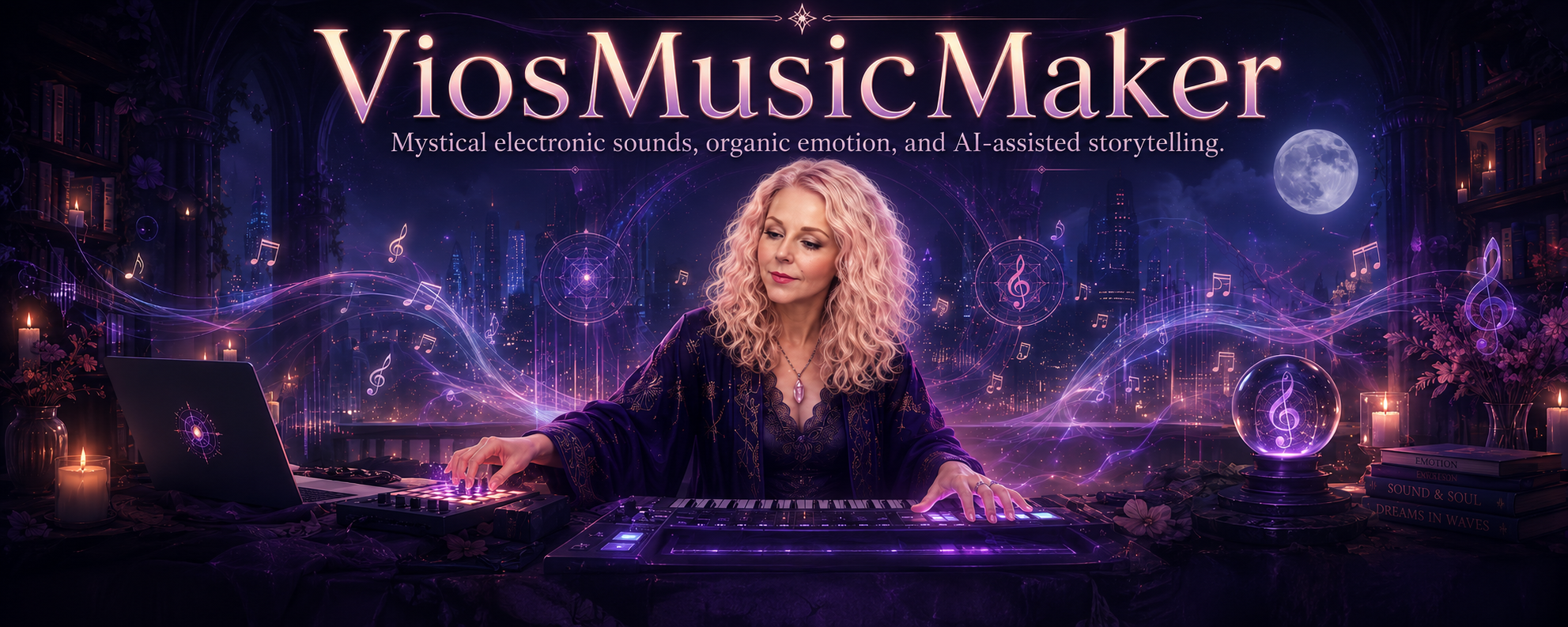 A woman with curly blonde hair working with electronic music equipment on a mystical, starry background with a full moon. The scene has glowing musical notes and symbols floating around, with candles, flowers, and books on a desk. The text 'ViosMusicMaker' and a subtitle about mystical electronic sounds and AI-assisted storytelling are displayed at the top.