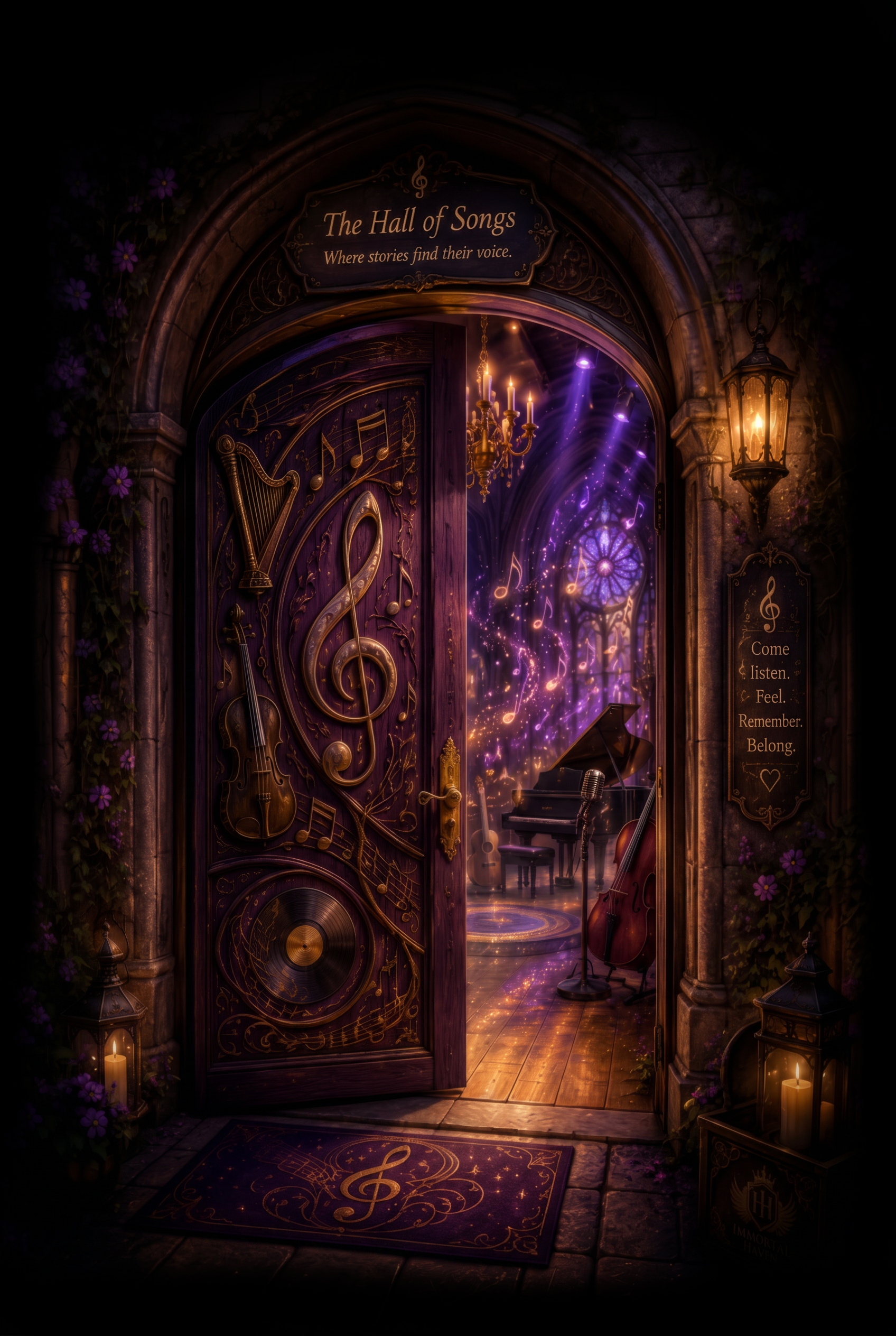 A mystical doorway decorated with musical notes, surrounded by purple flowers and candles. Inside, a grand piano, a cello, and a purple glowing stained glass window are visible. Signage indicates 'The Hall of Songs' with the tagline 'Where stories find their voice' and a smaller sign urges visitors to 'Come listen. Feel. Remember. Belong.'