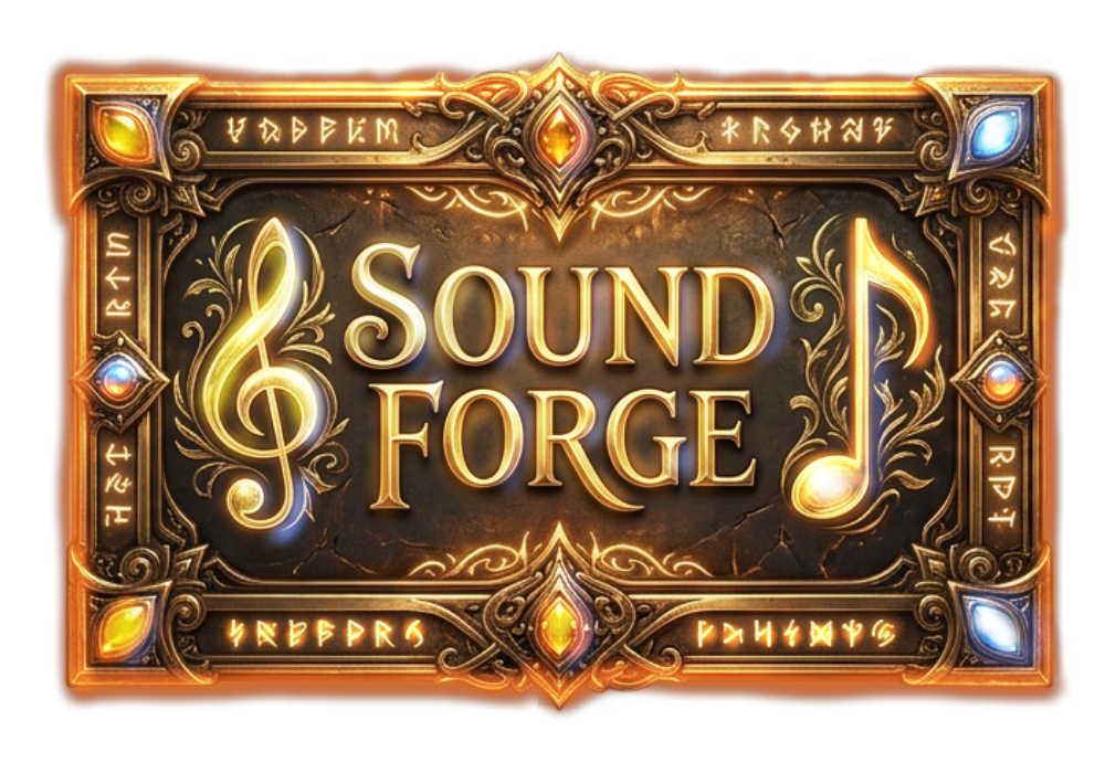 A fantasy-style game title screen for 'Sound Forge' with ornate gold and gemstone decoration, featuring musical notes, runes, and intricate designs.
