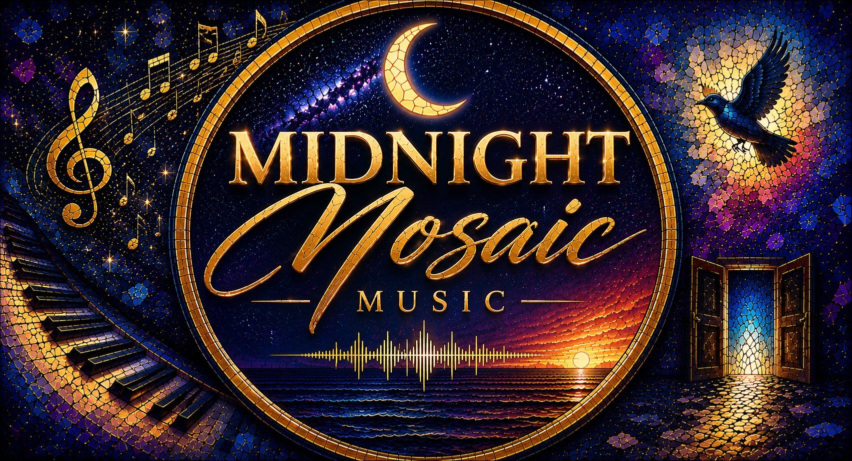 A colorful mosaic-style artwork featuring a glowing crescent moon at the top, a black hummingbird flying, a sunset over the ocean at the bottom, and musical elements like a treble clef, musical notes, and a piano keyboard, with the text 'Midnight Mosaic Music' in the center.