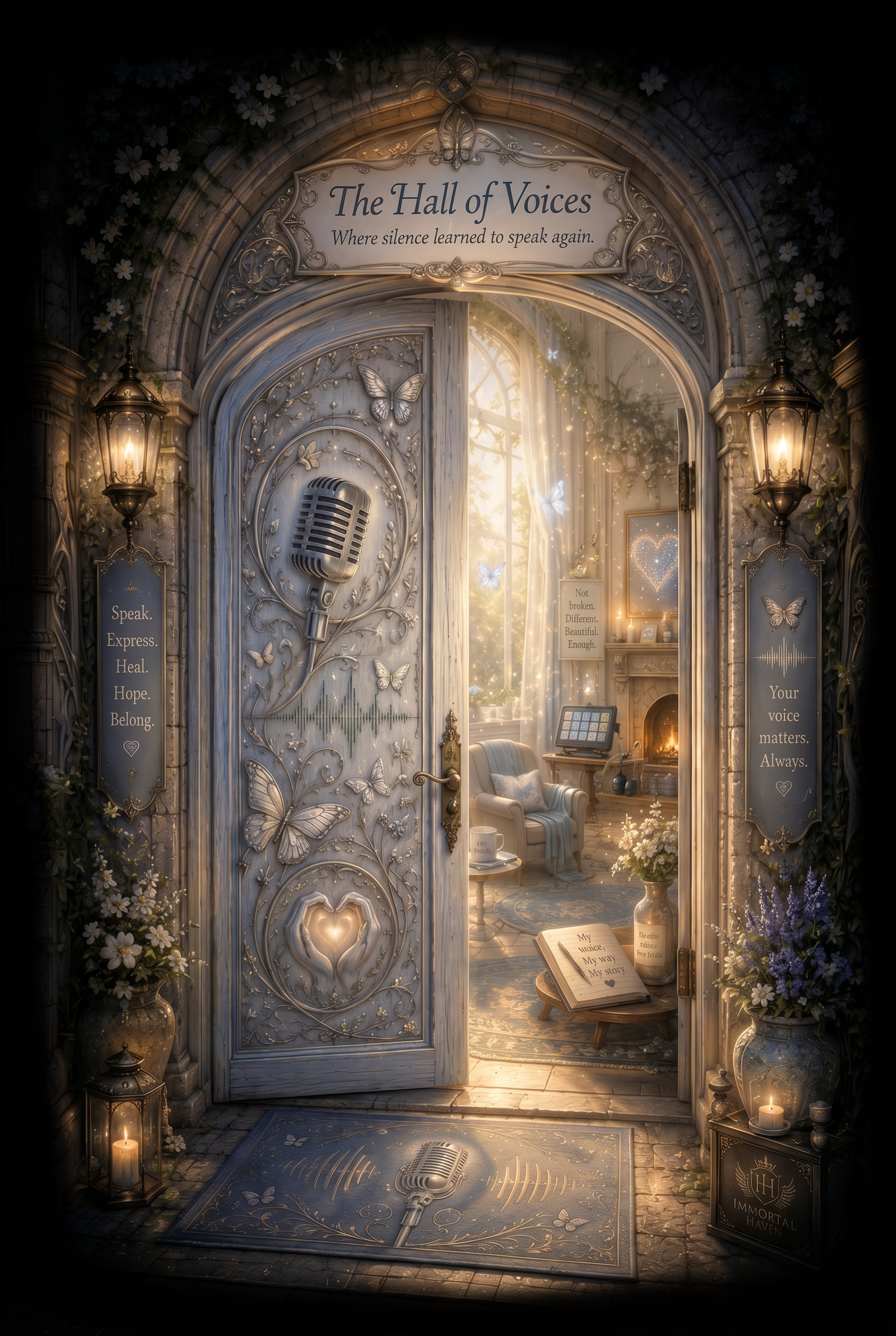 A cozy, ornate room with a sign reading 'The Hall of Voices' and the tagline 'Where silence learned to speak again.' The room features a vintage microphone, butterfly decorations, warm lighting, candles, a fireplace, a comfortable armchair, and inspirational signs. There's an open book on a small stool and a patterned rug, creating a peaceful, artistic atmosphere.