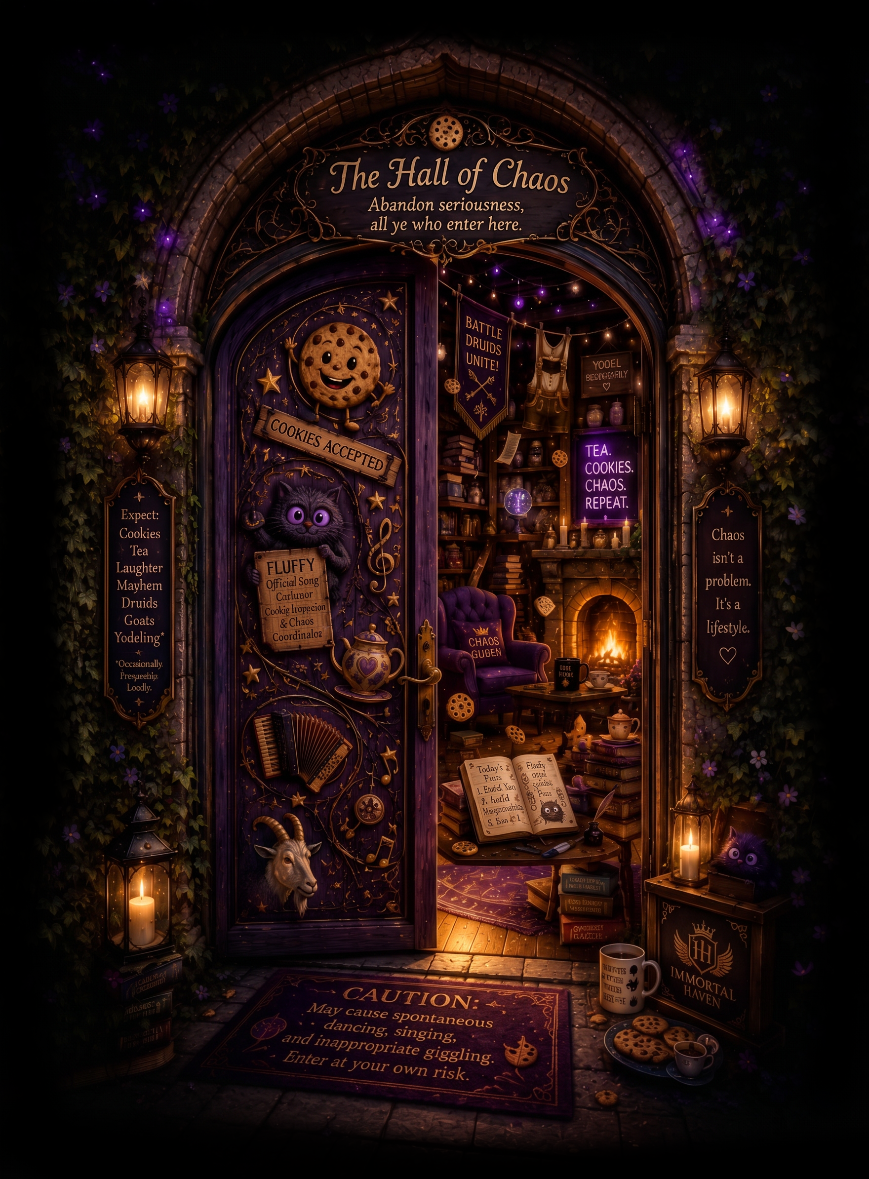 A mystical, colorful doorway decorated with books, candles, and whimsical items leading into a cozy, chaotic room. The sign above reads "The Hall of Chaos" with smaller text "Abandon seriousness, all ye who enter here." The room contains a purple armchair, a fireplace, and various floating books and objects with a glowing purple neon sign that says "Tea. Cookies. Chaos. Repeat." The door is surrounded by ivy and purple flowers, and there are signs listing rules and expectations for entering the space.