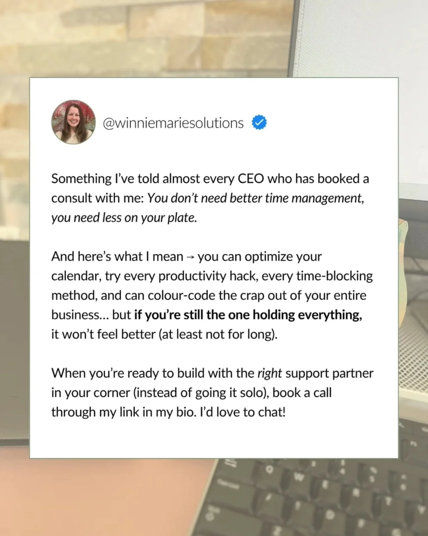 Time management isn&rsquo;t the problem when your role has expanded into &ldquo;person responsible for absolutely everything in my business&rdquo; 😅

You can optimize your calendar all you want, try every productivity hack, and colour-code your syst