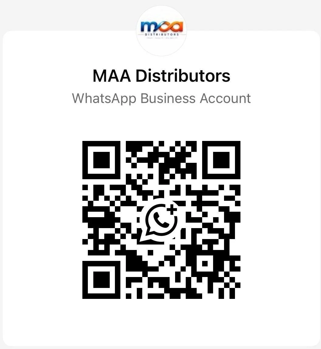 QR code image with MAA Distributors logo and WhatsApp Business account label.