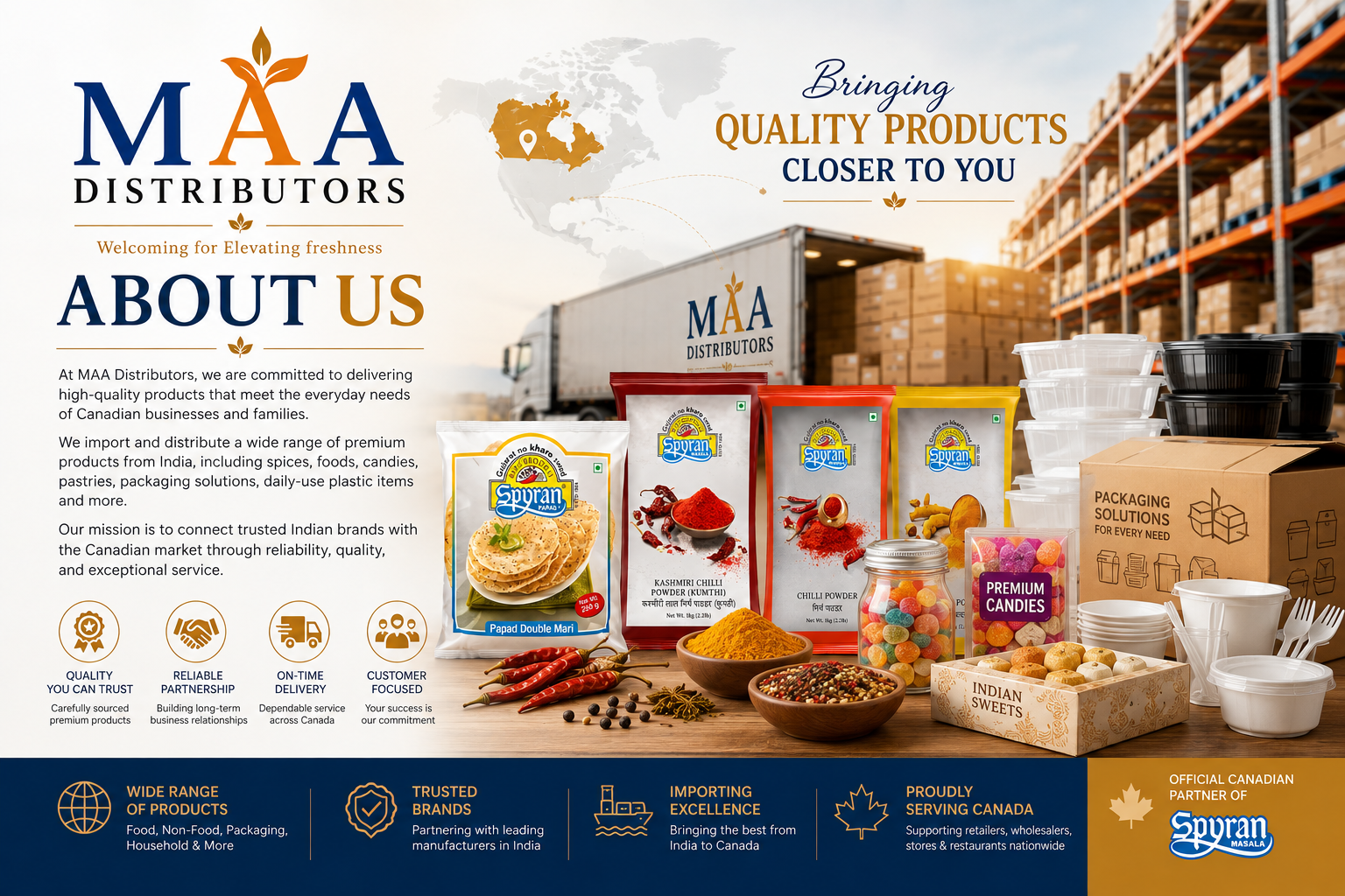 A promotional image for MAA Distributors featuring packaged spices, candies, and plastic containers in front of a truck and warehouse, with text about their commitment to quality products, reliable partnership, on-time delivery, and customer focus.
