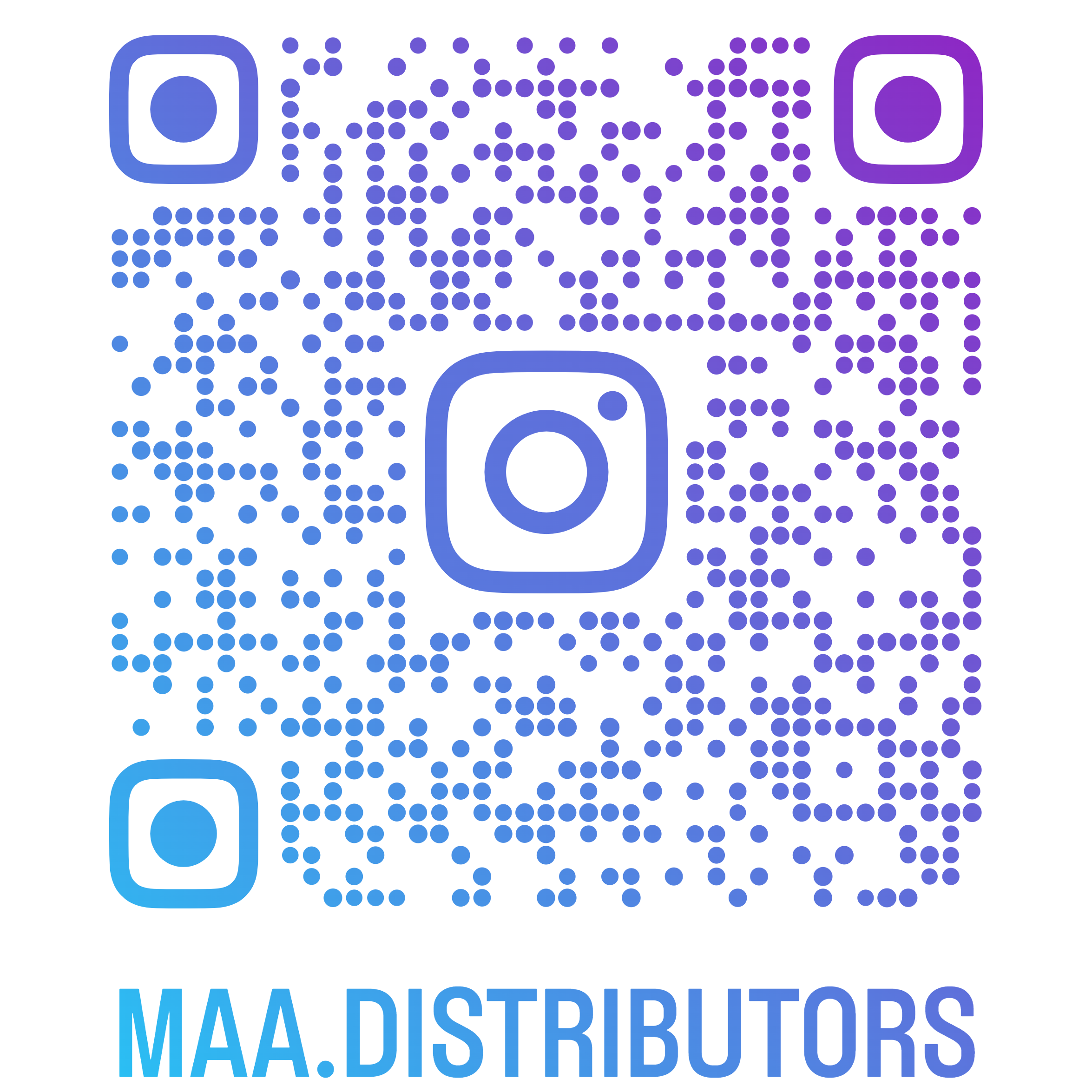 QR code with blue and purple gradient, with Instagram logo on the left and right, and text below that reads 'MAA DISTRIBUTORS'.