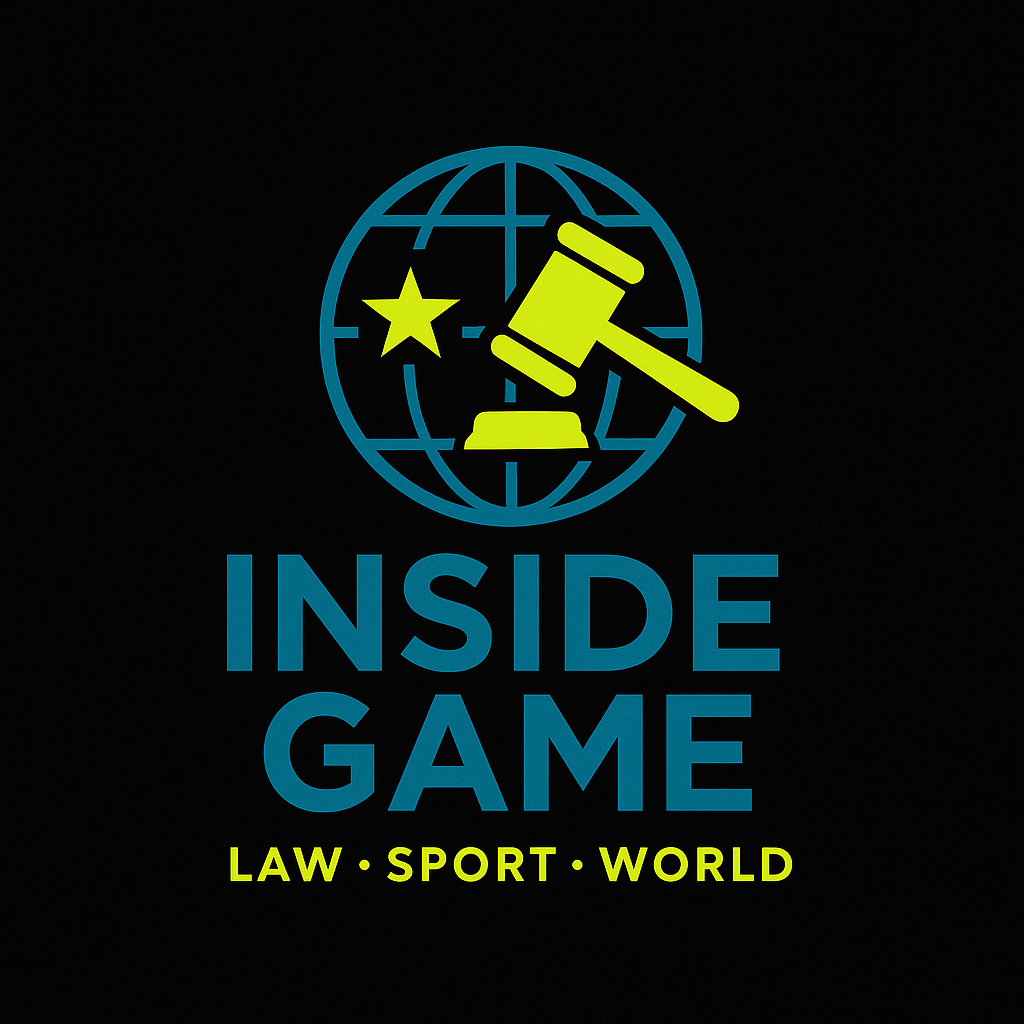 Logo for Inside Game, featuring a globe, gavel, and star in yellow, with the words 'INSIDE GAME' and 'LAW SPORT WORLD' below.