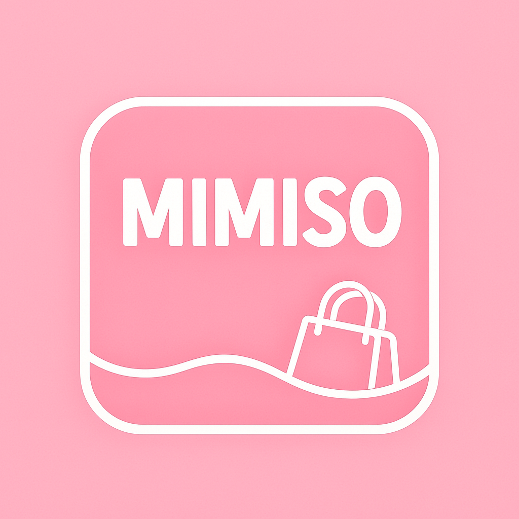 Pink background with a white outline of the Mimiso logo, featuring the text "MIMISO" and a shopping bag illustration.