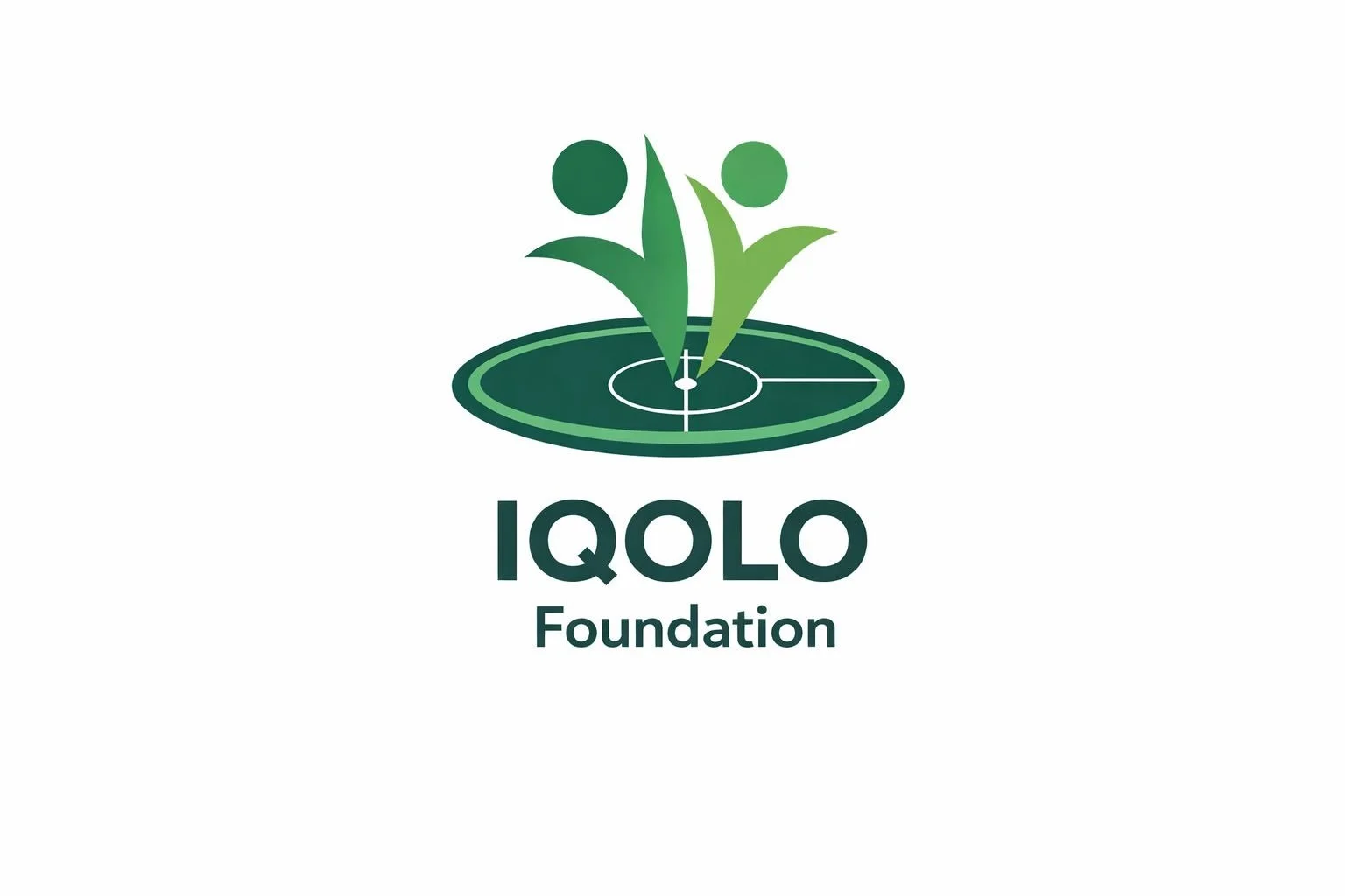 Logo with two abstract green human figures standing on a circular green platform, with the words "IQOLO Foundation" below.