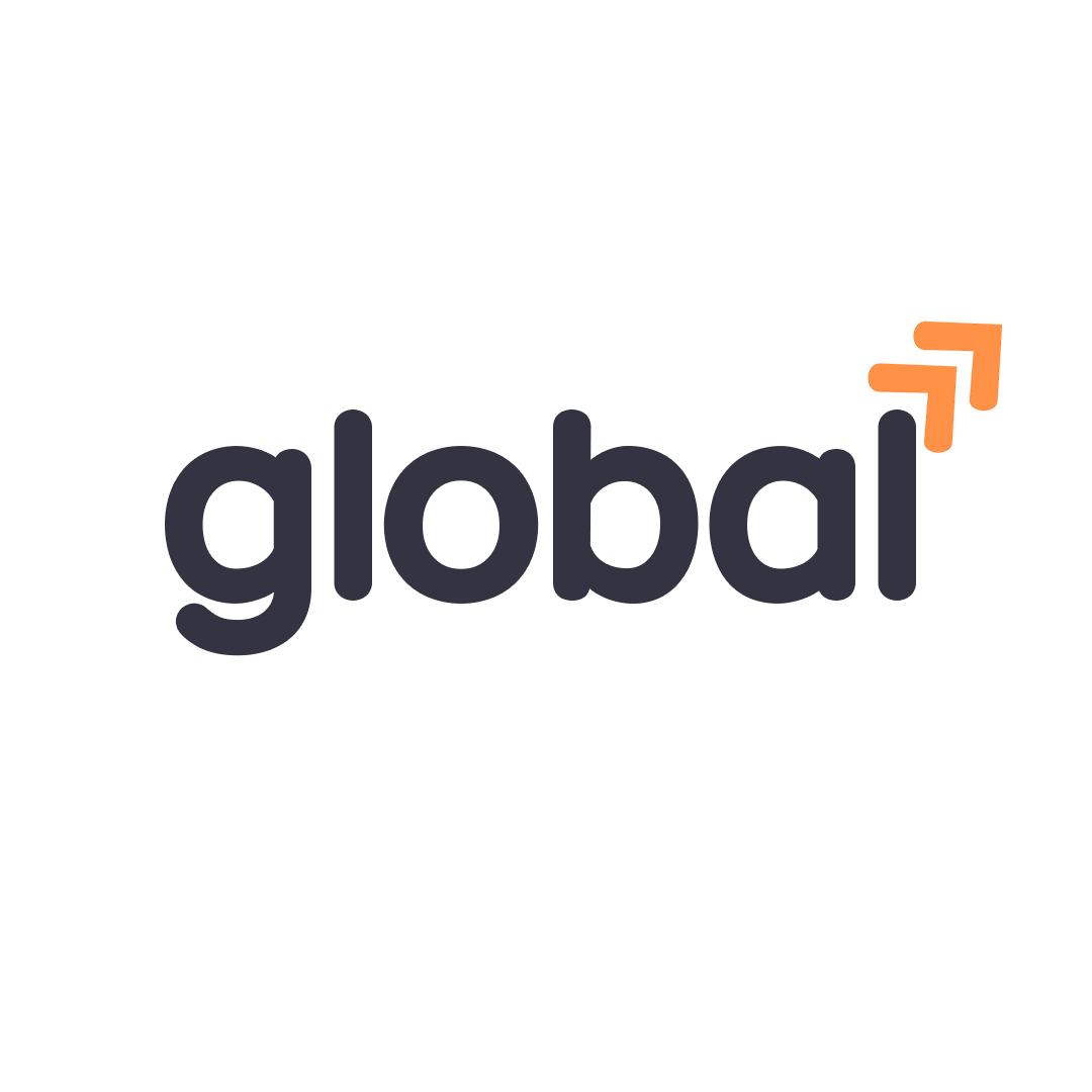 Logo with the word 'global' in lowercase letters and three orange upward arrows above the letter 'l'.