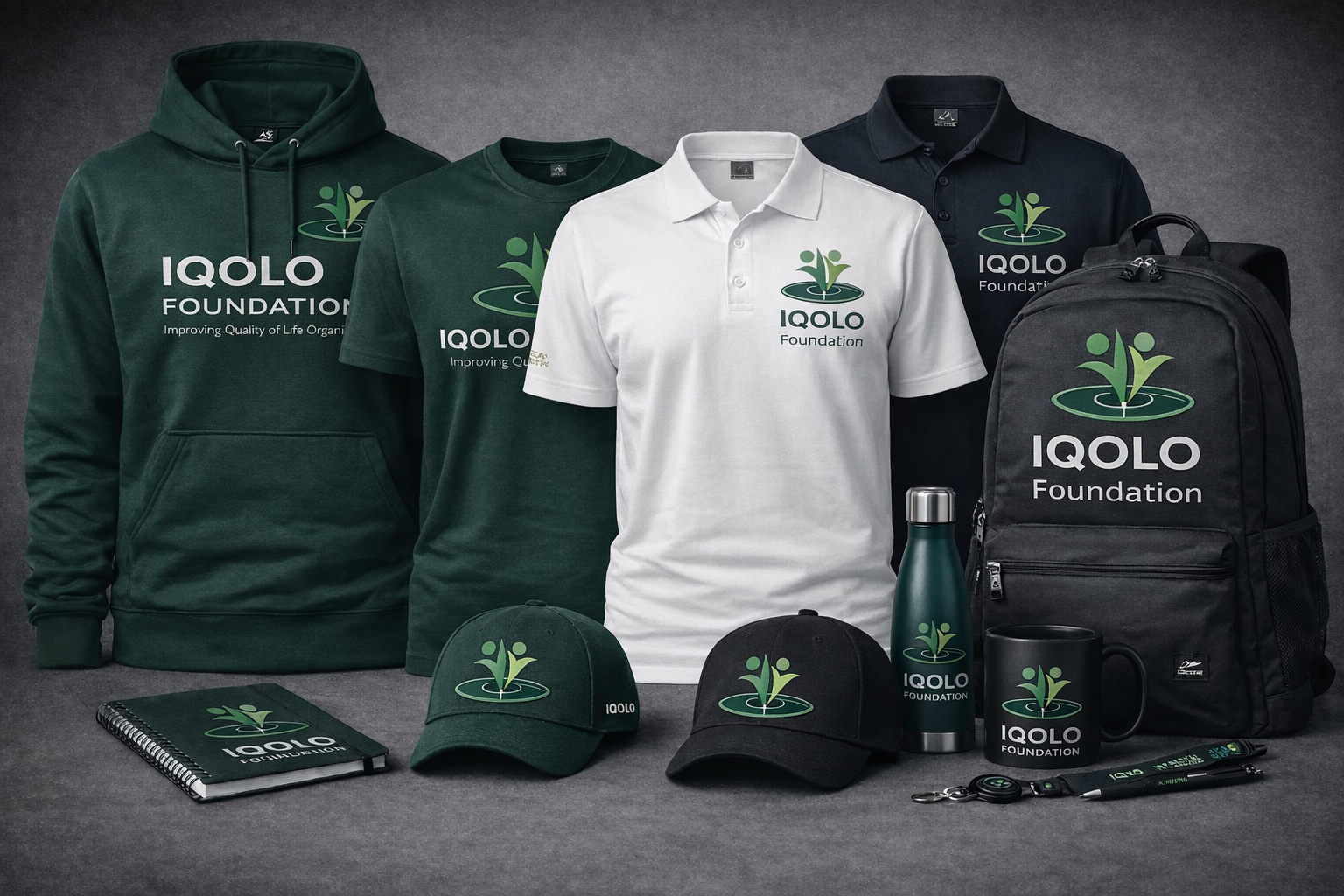 Various promotional merchandise for the IQOLO Foundation, including hoodies, t-shirts, polo shirts, hats, a backpack, a notebook, a water bottle, a mug, pens, and keychains, all featuring the foundation's logo with a green plant.