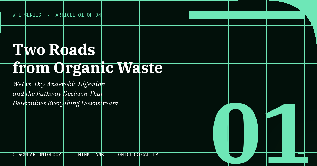 A digital graphic with a green grid background, displaying the title "Two Roads from Organic Waste" and the subtitle "Wet vs. Dry Anaerobic Digestion and the Pathway Decision That Determines Everything Downstream." It also includes a large number "01" in the bottom right corner.