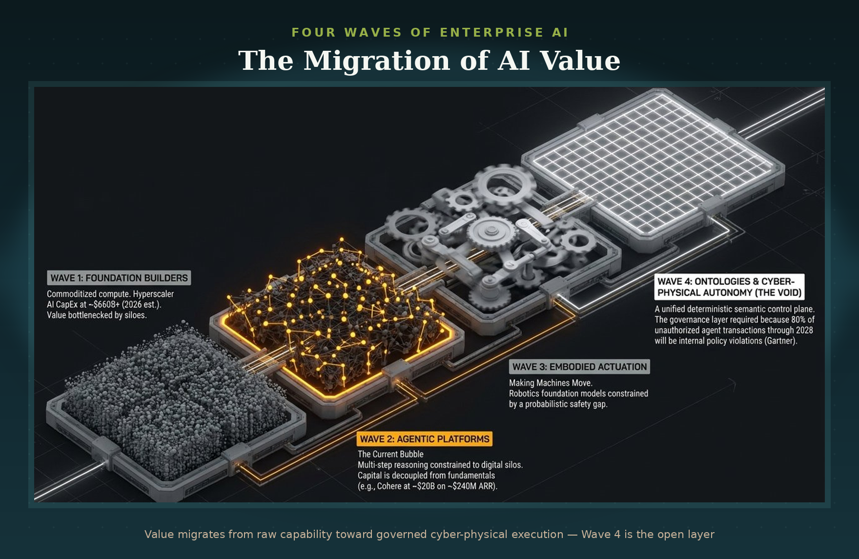 Diagram illustrating the four waves of enterprise AI migration: foundation builders, agentic platforms, embodied actuation, and ontologies & cyber-physical autonomy, with each wave including descriptions of key features and technological advancements.