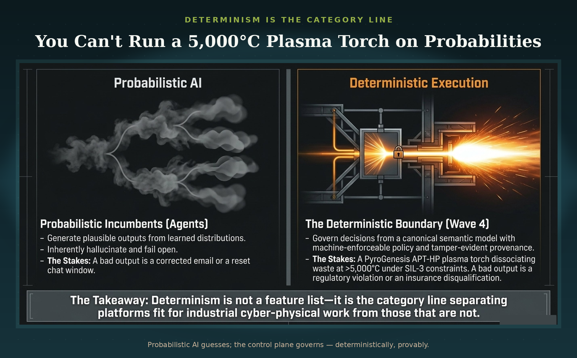 A comparison chart explaining why running a 5,000°C plasma torch on probabilities is not feasible. The left side shows probabilistic AI with a cloud of smoke labeled "Probabilistic Incumbents [Agents]," and points about generating outputs from learned distributions, hallucinating, and failures. The right side shows deterministic execution with a diagram of a plasma torch releasing a bright flame, labeled "The Deterministic Boundary [Wave 4]," with points about governing decisions with a canonical semantic model and avoiding regulatory violations.
