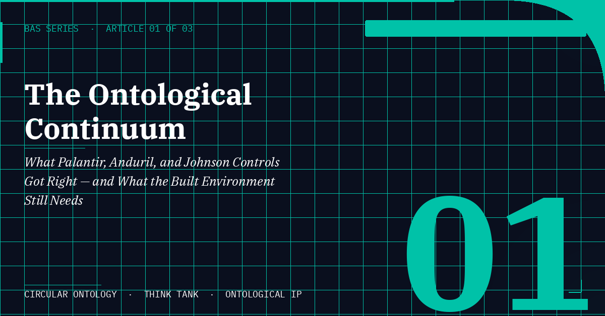 Cover page with a grid background and large number '01', featuring text about the ontological continuum and logic, with smaller text mentioning the series, article number, and topics covered.