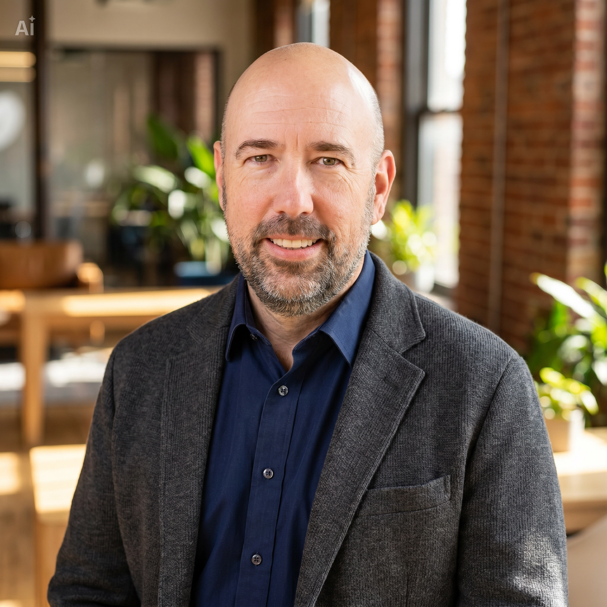 A man with a shaved head, mustache, and beard smiling, wearing a dark shirt and a gray blazer, indoors with a background of brick walls, large windows, and plants.