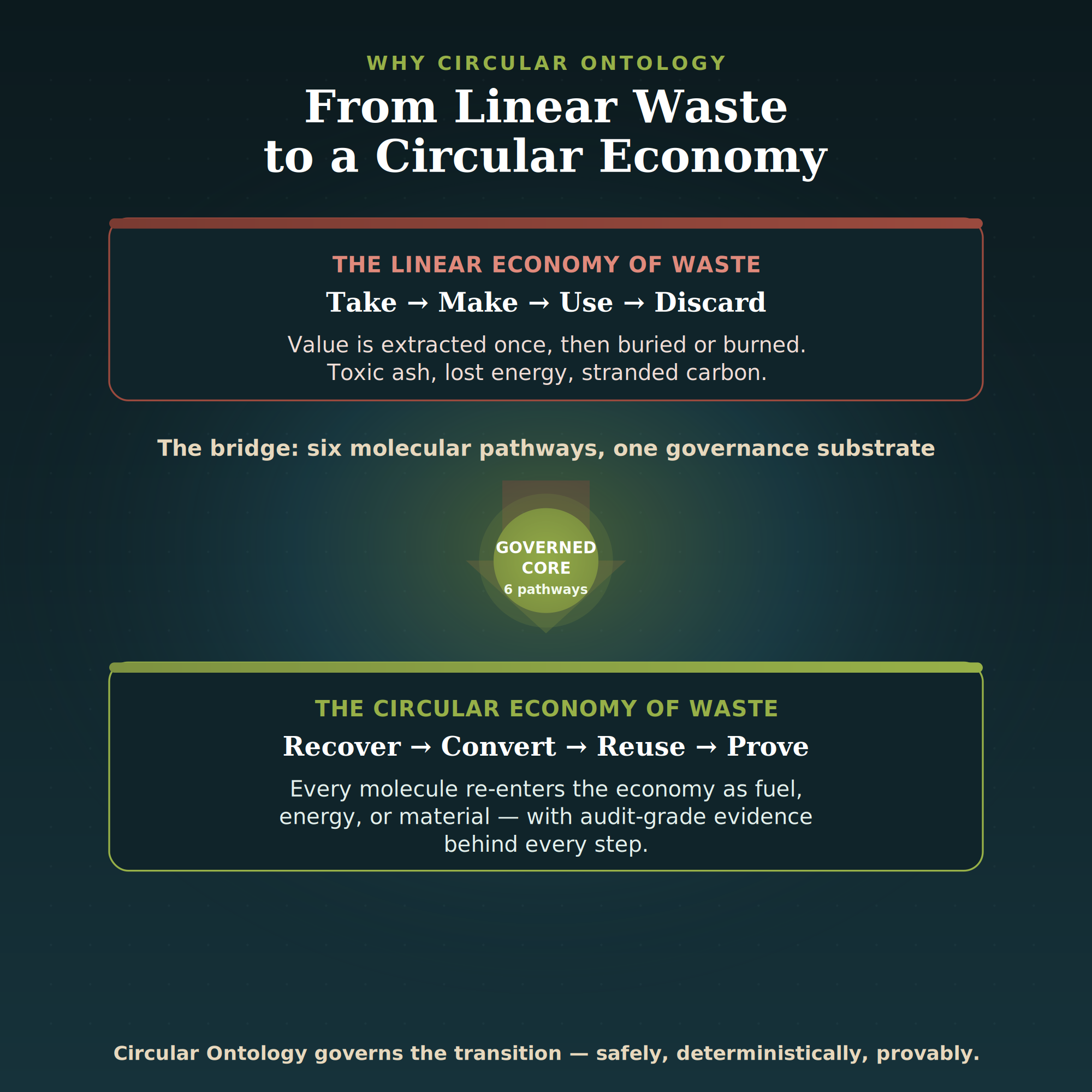 Infographic titled 'Why Circular Ontology: From Linear Waste to a Circular Economy.' It explains the linear economy process of take, make, use, discard, and contrasts it with the circular economy focus on recovery, conversion, reuse, and proofing, emphasizing safe, definitive transition.