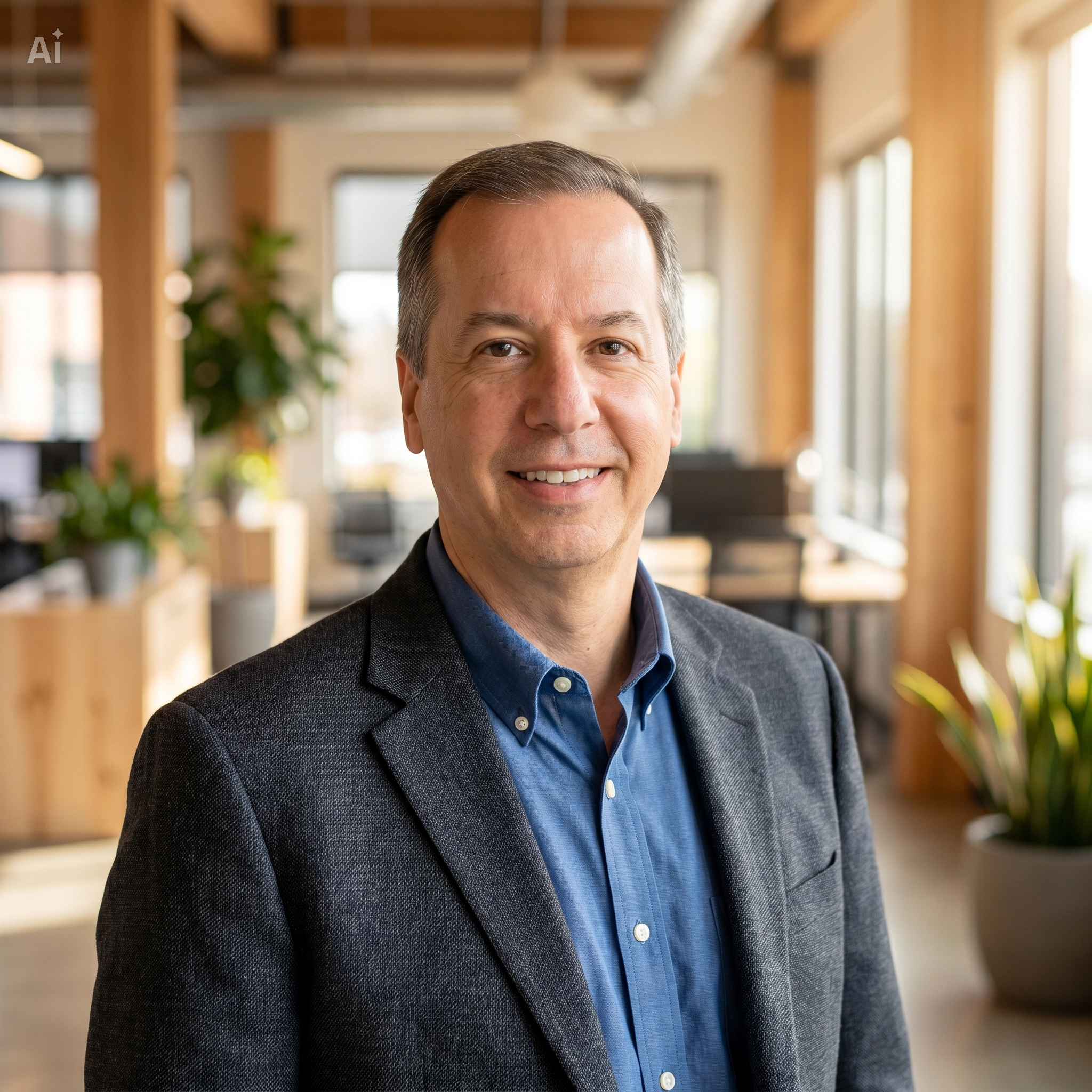 Close-up portrait of a middle-aged man with neatly combed dark hair, smiling, dressed in a dark blazer over a blue collared shirt, standing inside a modern office with wooden beams and large windows in the background.