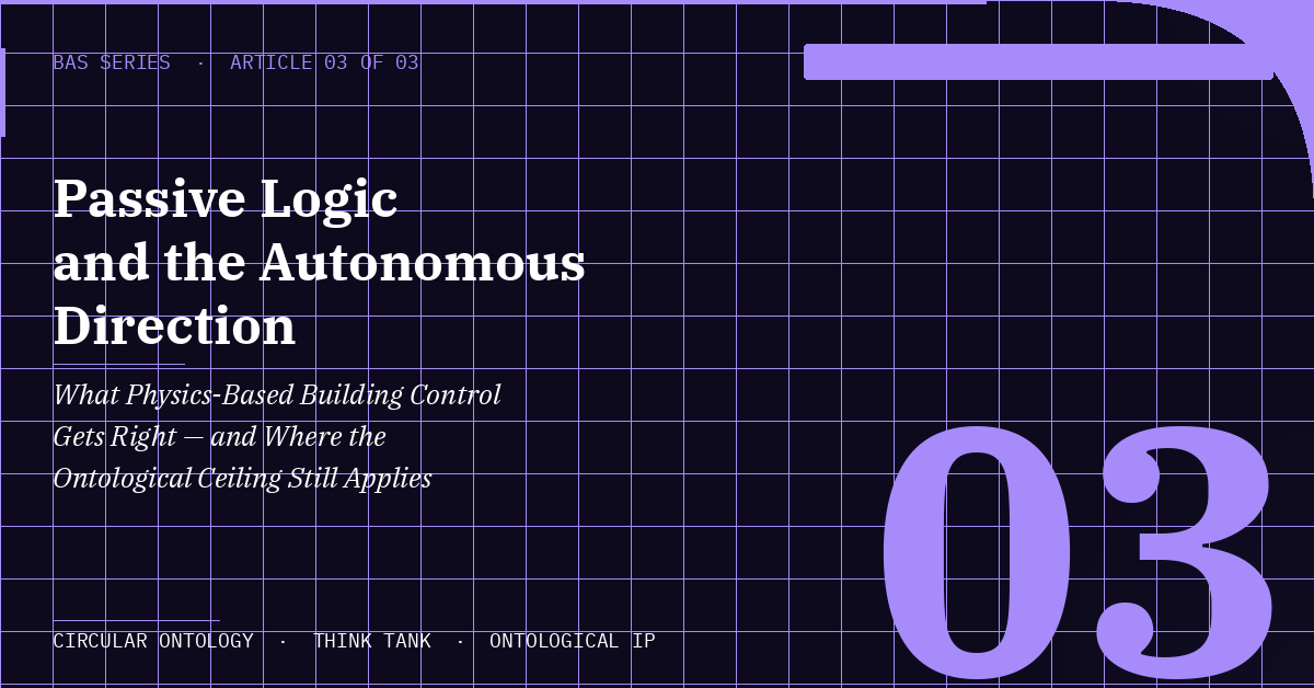 Text-based cover page of a publication or presentation titled 'Passive Logic and the Autonomous Direction' with a grid background and a large '03' in purple, containing subheading and additional text about physics-based building control and ontology.