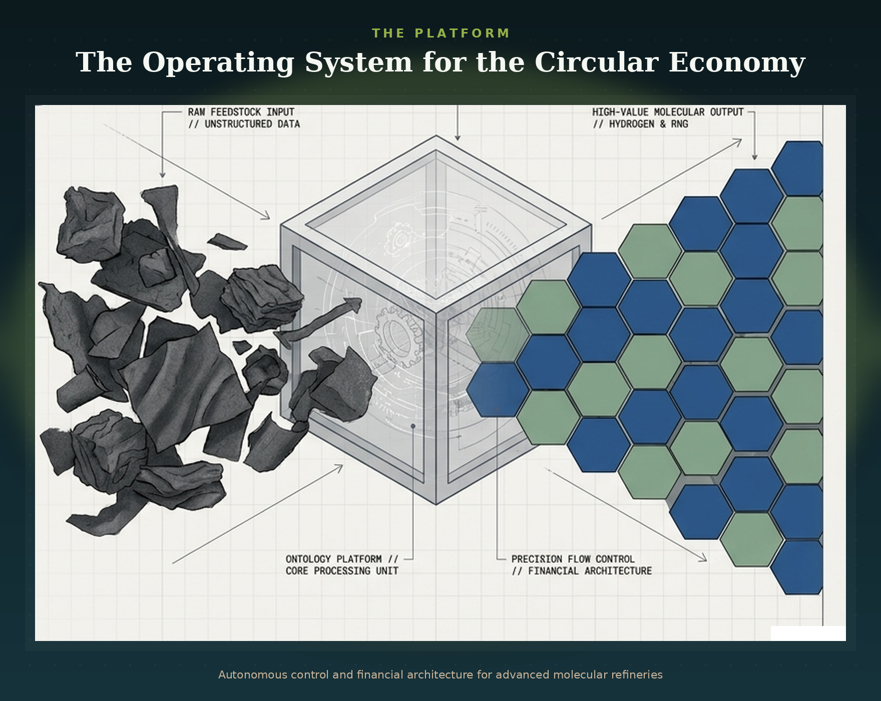 Diagram of a schematic titled 'The Operating System for the Circular Economy' showing interconnected components: raw feedstock input, ontology platform core processing unit, precision flow control, and high-value molecular output with hydrogen and RNG, illustrating autonomous control and financial architecture for advanced molecular refineries.