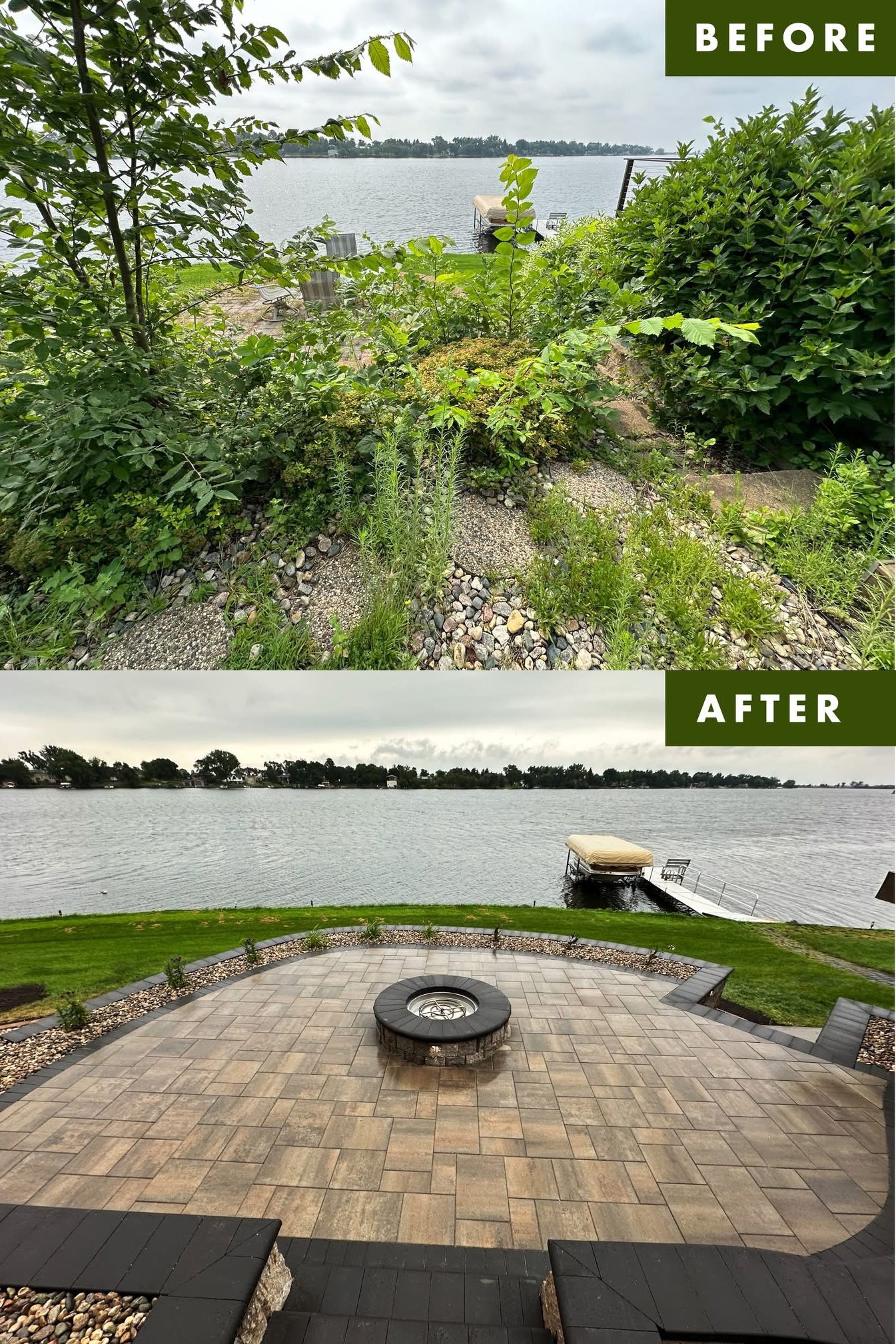 A before and after comparison of a waterfront yard showing significant landscaping and patio improvement. The 'before' image has overgrown bushes, weeds, and a rocky path near the water. The 'after' image features a clean, paved patio with a fire pit