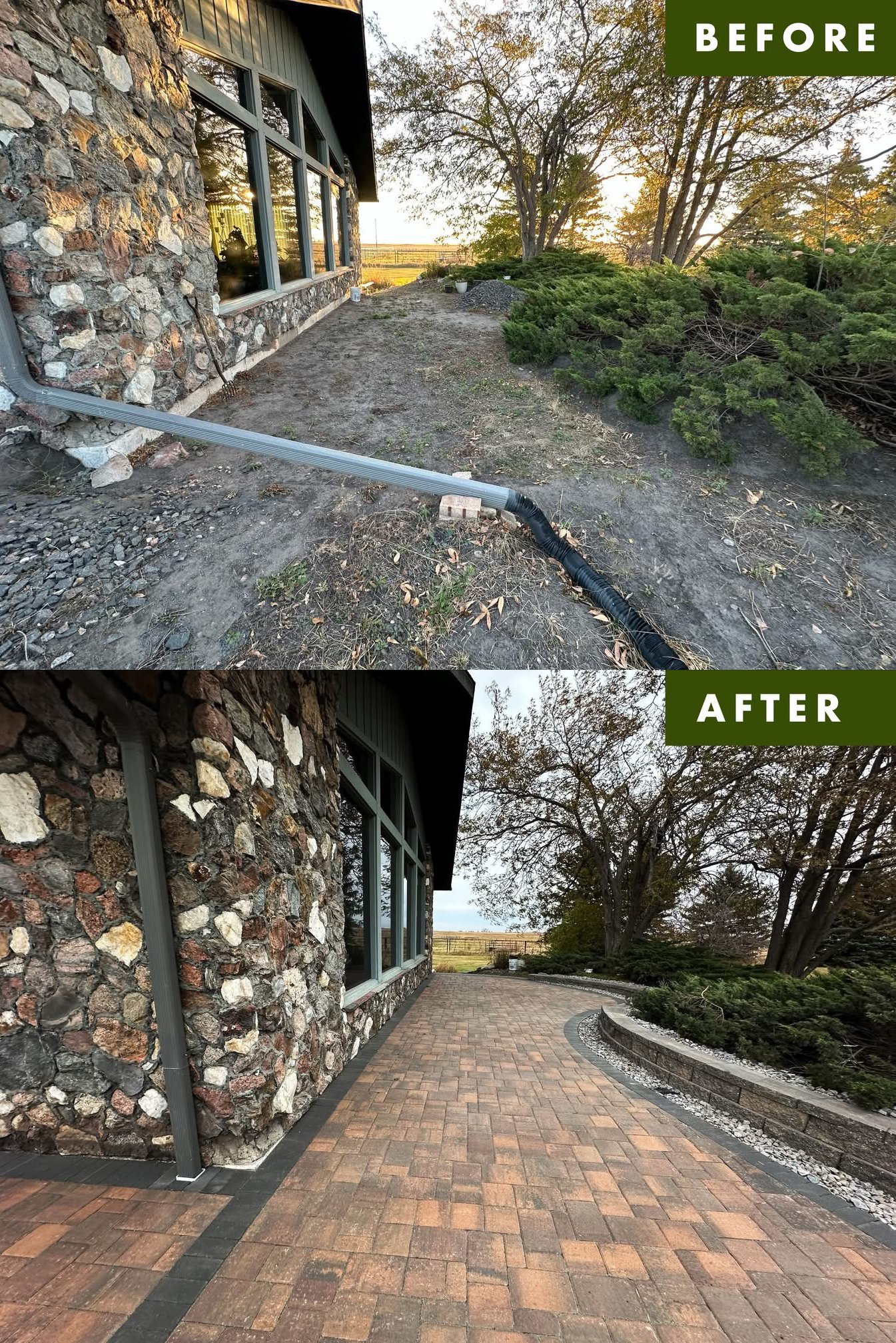 Before-and-after photos of a house's exterior showing landscaping and paving improvements. The 'before' image depicts a dirt area with a drainage pipe extending from the house, while the 'after' image shows a neatly paved brick walkway with a curved 