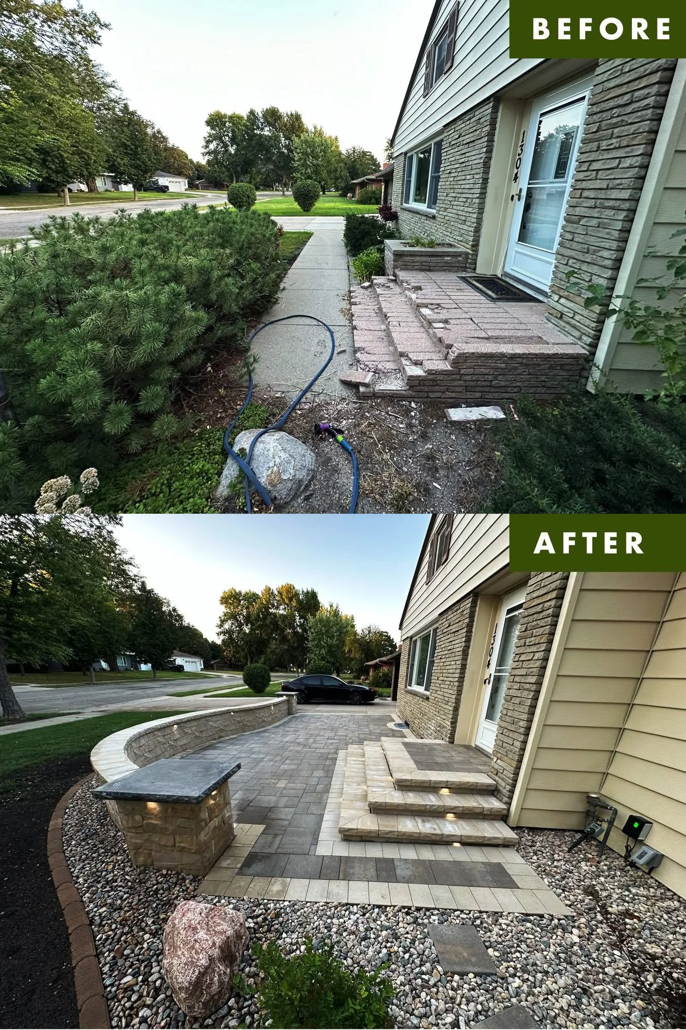 Comparison of front yard before and after landscaping and paver installation, showing a damaged porch area in the 'before' image and a completed, decorative patio in the 'after' image.