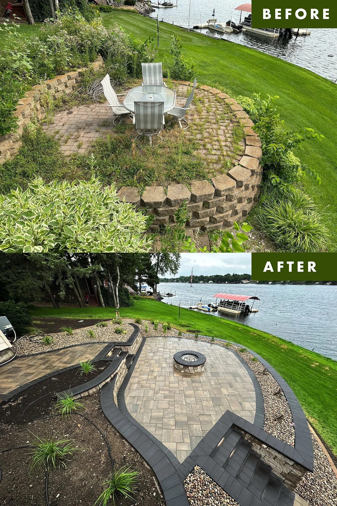Comparison of a backyard before and after renovation. The before image shows a circular brick patio with overgrown plants and weeds, surrounded by a low brick wall, overlooking a lake. The after image shows a cleaned and redesigned patio with pavers,