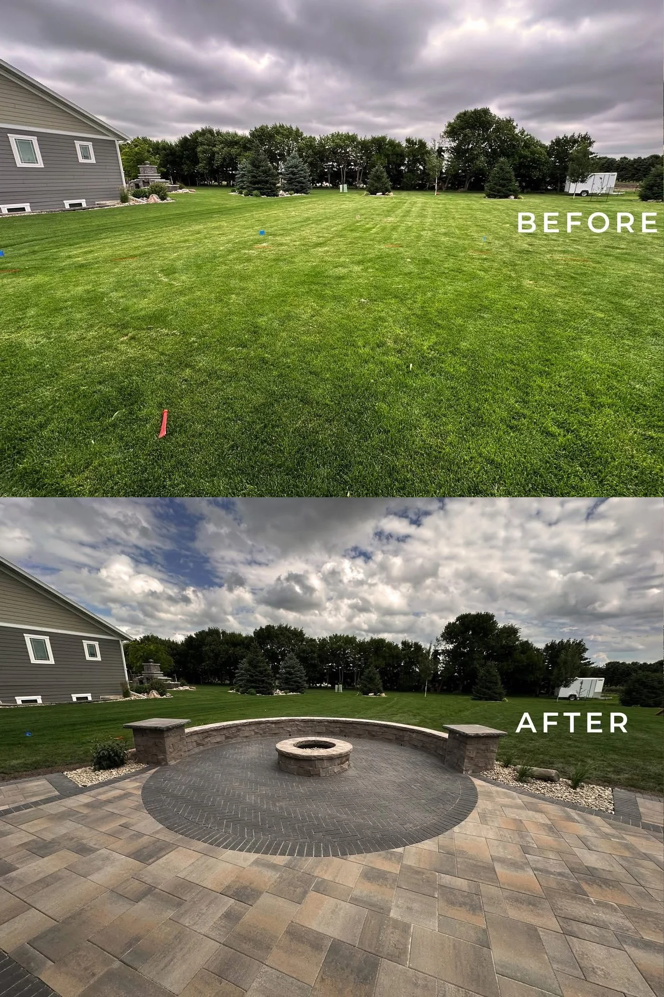 Before and after images of a backyard transformation showing grass lawn before and a newly built brick-paved patio with a fire pit after.
