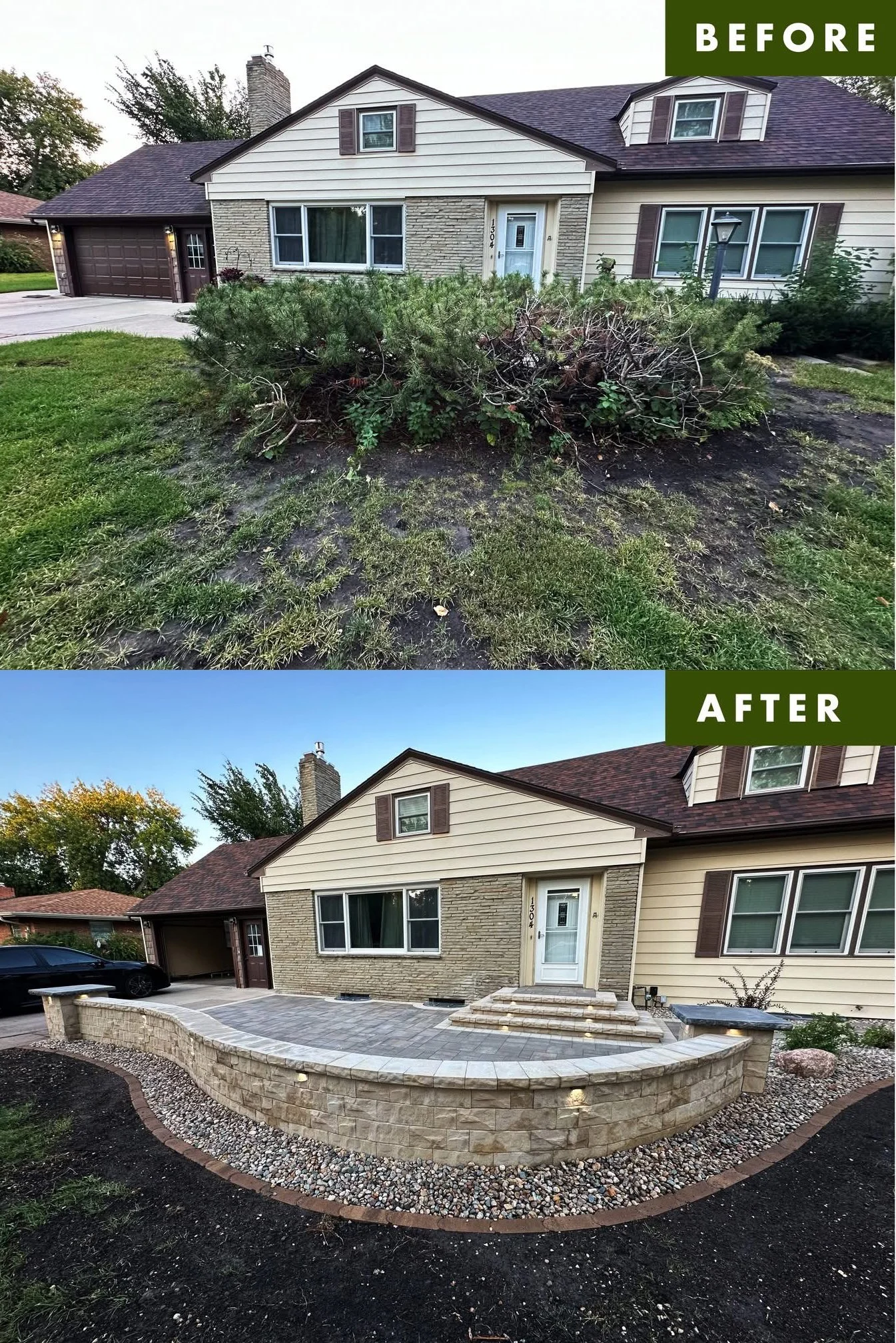 Comparison of a house front yard before and after landscaping and renovations. The 'before' shows overgrown bushes and a patch of dirt, while the 'after' features a newly paved patio with decorative stonework and a clean, landscaped area.