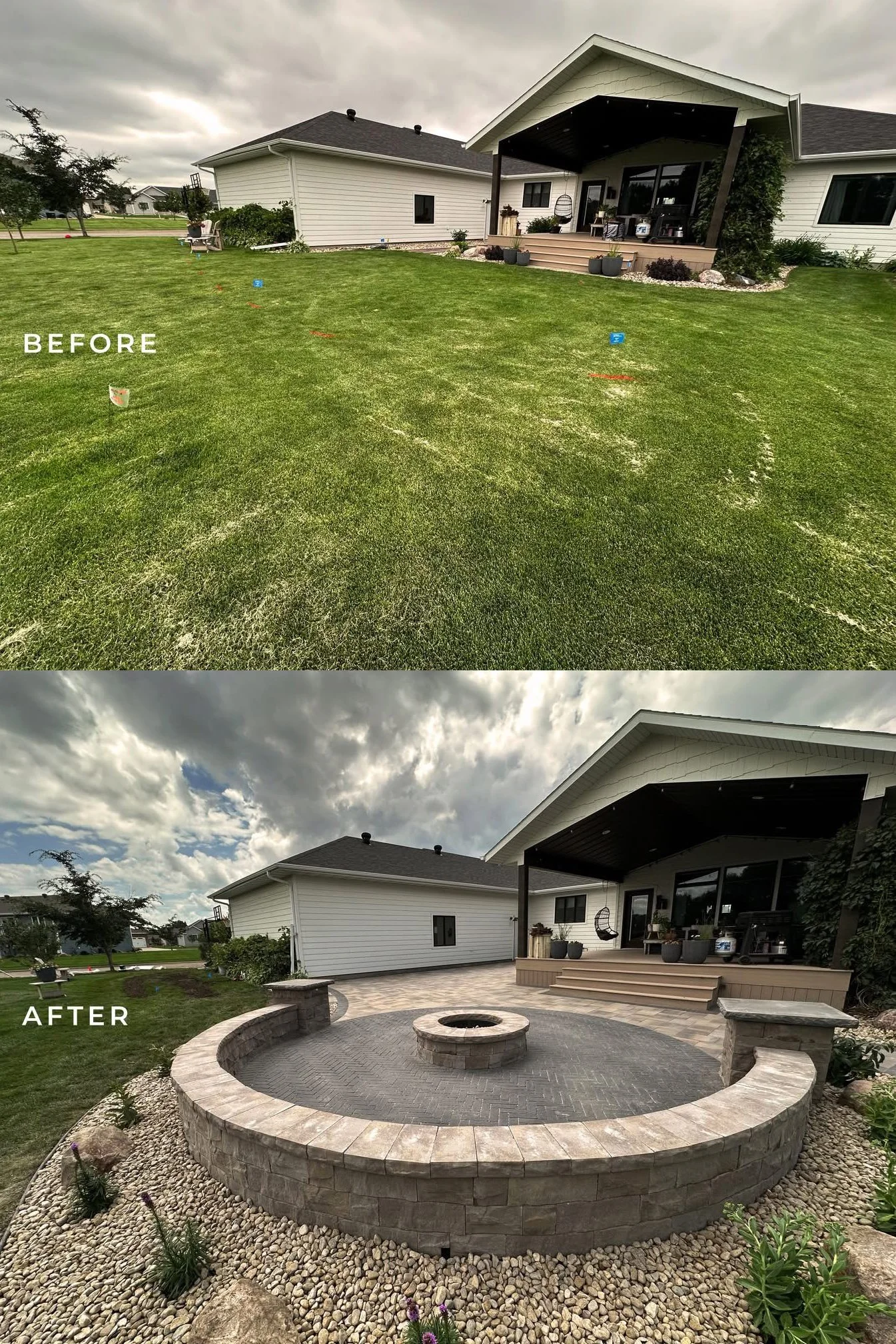 Comparison of a backyard before and after landscaping: the 'before' shows a grassy yard with a few small markers, the 'after' features a finished stone patio with a fire pit and landscaped borders.
