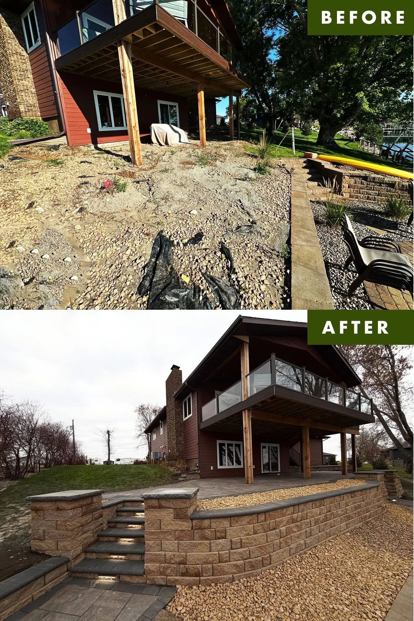 Side-by-side comparison of a house outdoor renovation, showing the backyard before and after landscaping and construction. The ''before'' image depicts the yard with dirt, rocks, and construction debris, while the ''after'' image displays a finished 