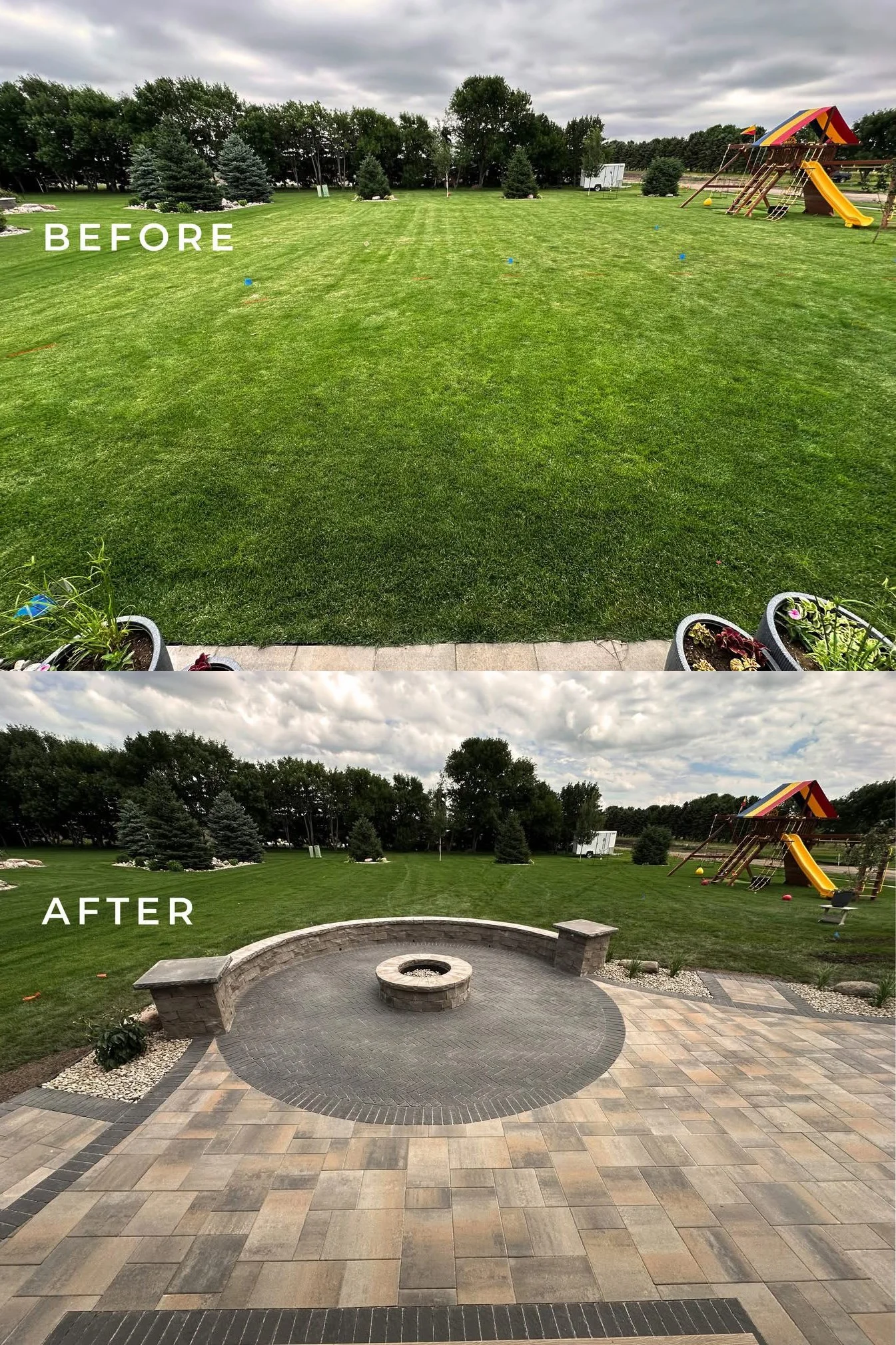 A backyard before and after patio installation. The top image shows a grassy yard with some trees and a playground, labeled 'BEFORE.' The bottom image shows the same yard with a newly installed circular stone patio and fire pit, labeled 'AFTER.'