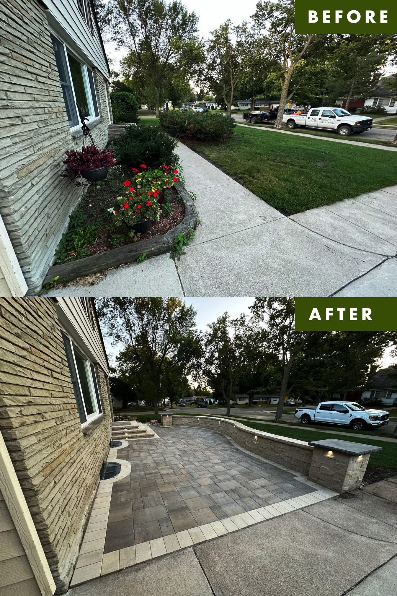 Sidewalk and garden area before and after landscaping transformation, showing an garden with flowers and bushes in the 'before' image and a paved patio area in the 'after' image.