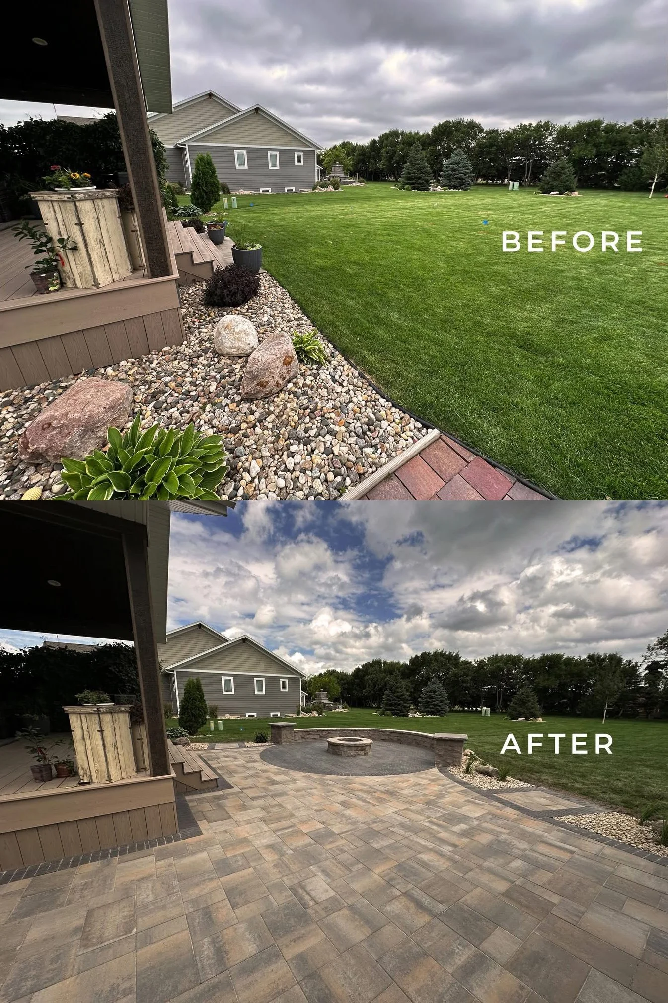 Comparison of backyard before and after remodeling. The 'before' shows a grassy yard with a small deck and decorative rocks along the edge, while the 'after' features a paved patio with a fire pit and stone seating, under a cloudy sky.