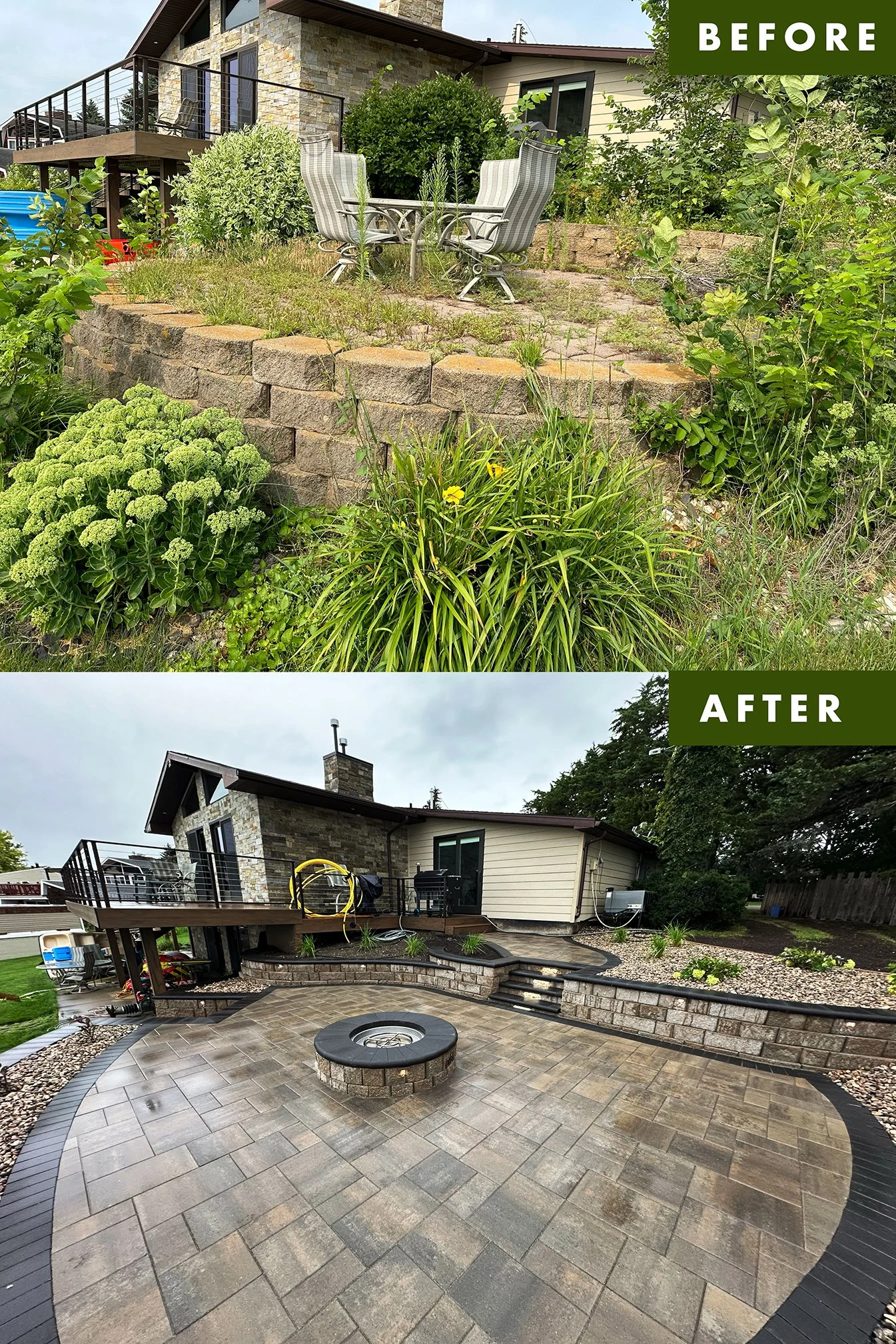 Before and after comparison of a backyard renovation. The 'before' shows overgrown grass, weeds, and a stone retaining wall with patio furniture. The 'after' depicts a cleaned, paved patio with a fire pit, neatly trimmed landscape, and a redecorated 