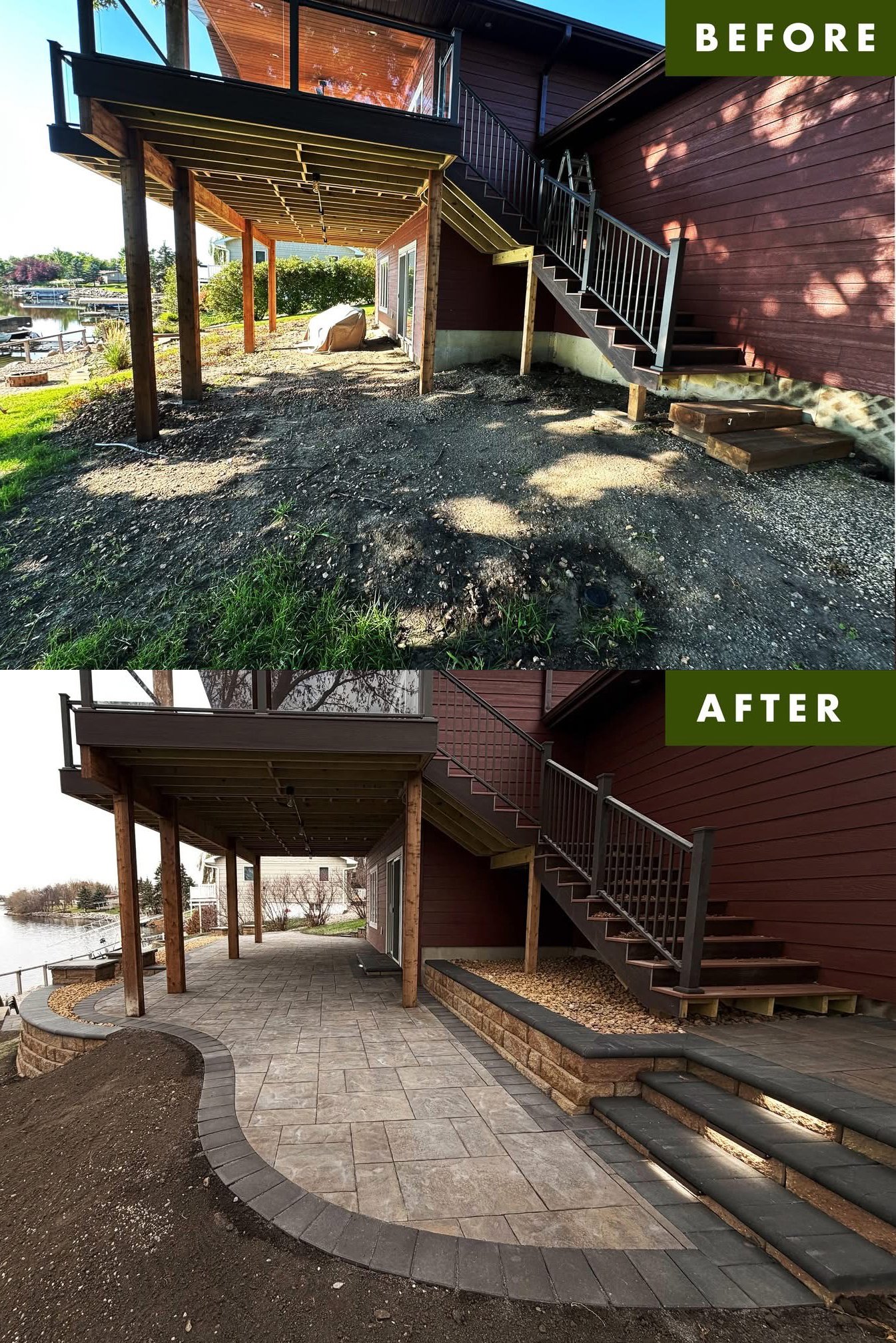 Side yard before and after renovation, showing a patio upgrade with new paving stones, retaining wall, and landscaping.