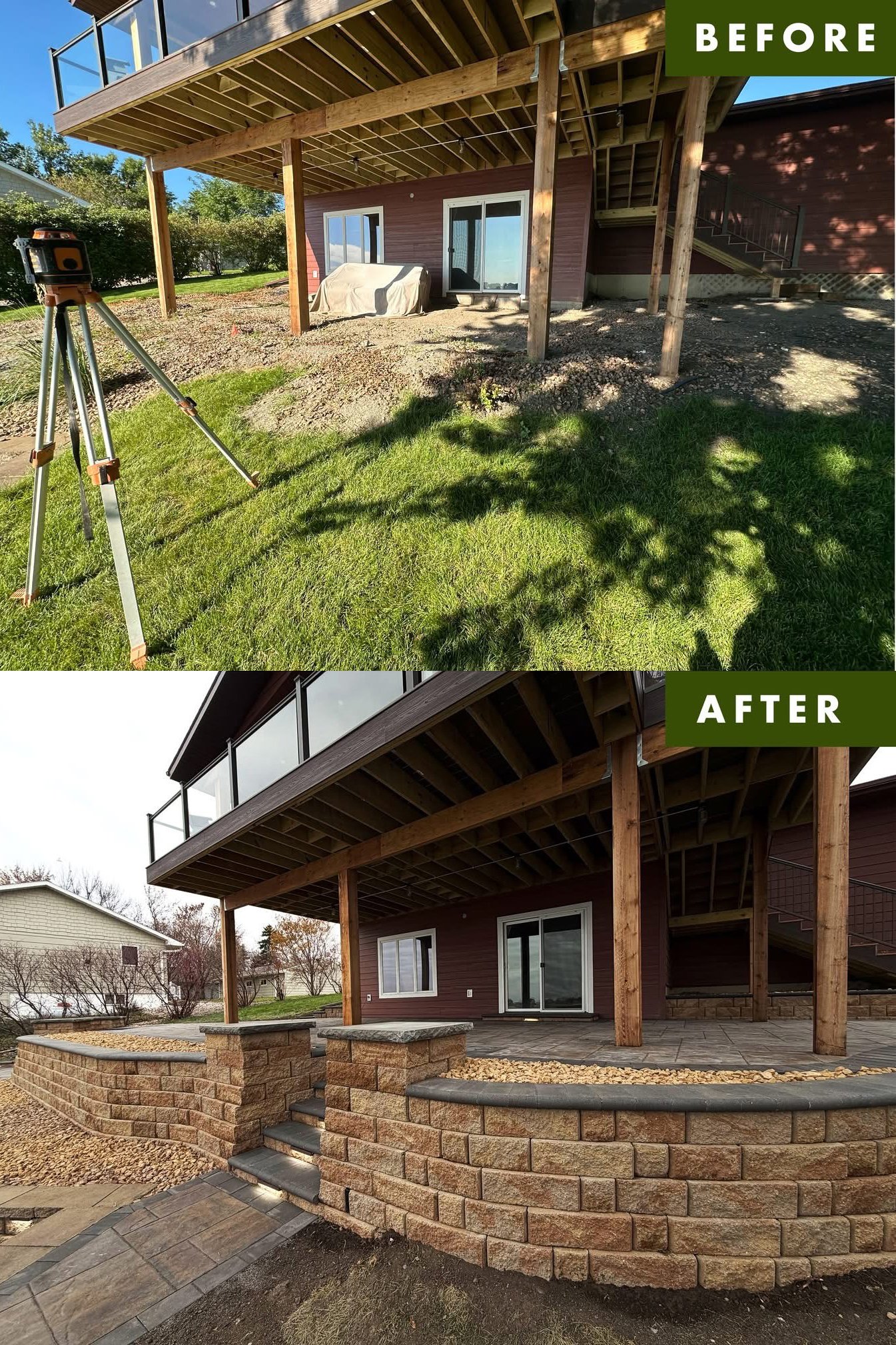 Before and after pictures of a backyard renovation. The before image shows a dirt and gravel area under a wooden deck with a covered grill and an uneven surface. The after image shows a landscaped backyard with a stone retaining wall, new stone steps