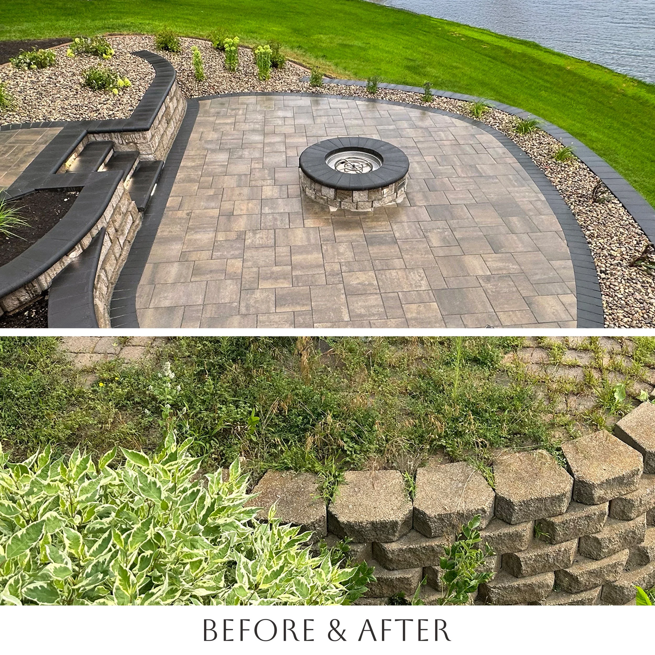 A landscaped backyard with a paved patio, a built-in fire pit, a retaining wall with plants, and a grassy lawn near a body of water. The 'before & after' comparison shows overgrown weeds and an unkempt garden in the 'before' image, and a tidy, well-m