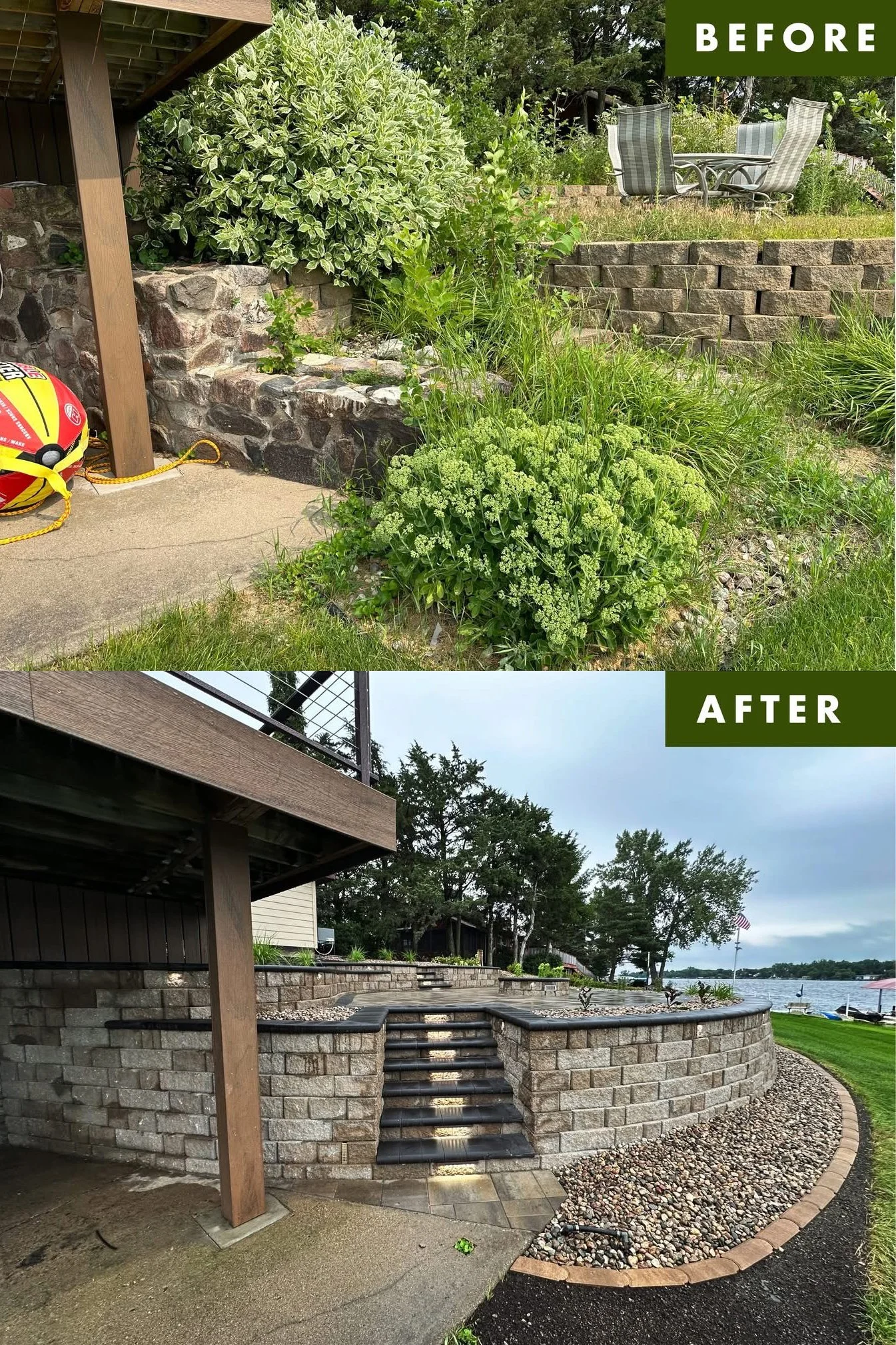 Comparison of a backyard before and after landscaping; the 'before' shows overgrown plants and a stone retaining wall, while the 'after' displays a clean, curved brick retaining wall with steps and a landscaped yard by the water.