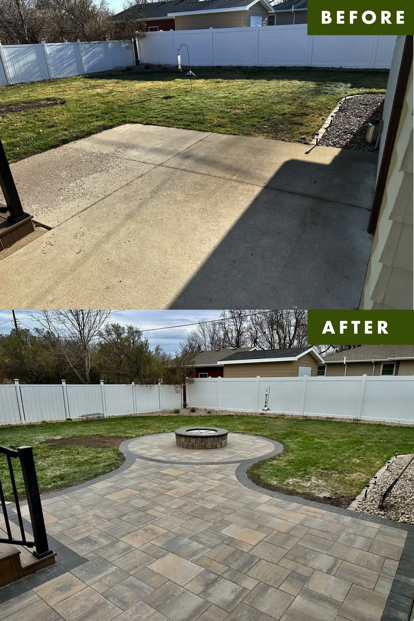 Before and after images showing backyard landscaping. The 'before' image depicts a plain concrete patio with a grassy yard and a white fence. The 'after' image shows a transformed backyard with a paved patio, a circular fire pit, landscaped edges, gr