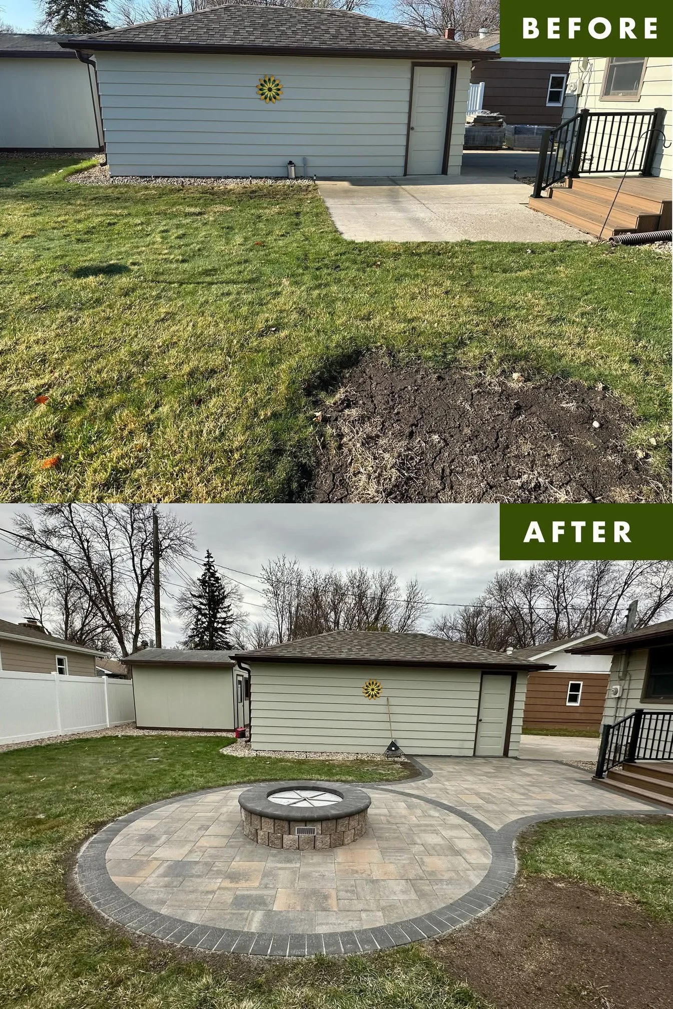 Before: A backyard with a patch of grass and a small, unlandscaped area near a shed. After: The same backyard with a newly paved circular patio area, including a fire pit, and the grass area maintained.